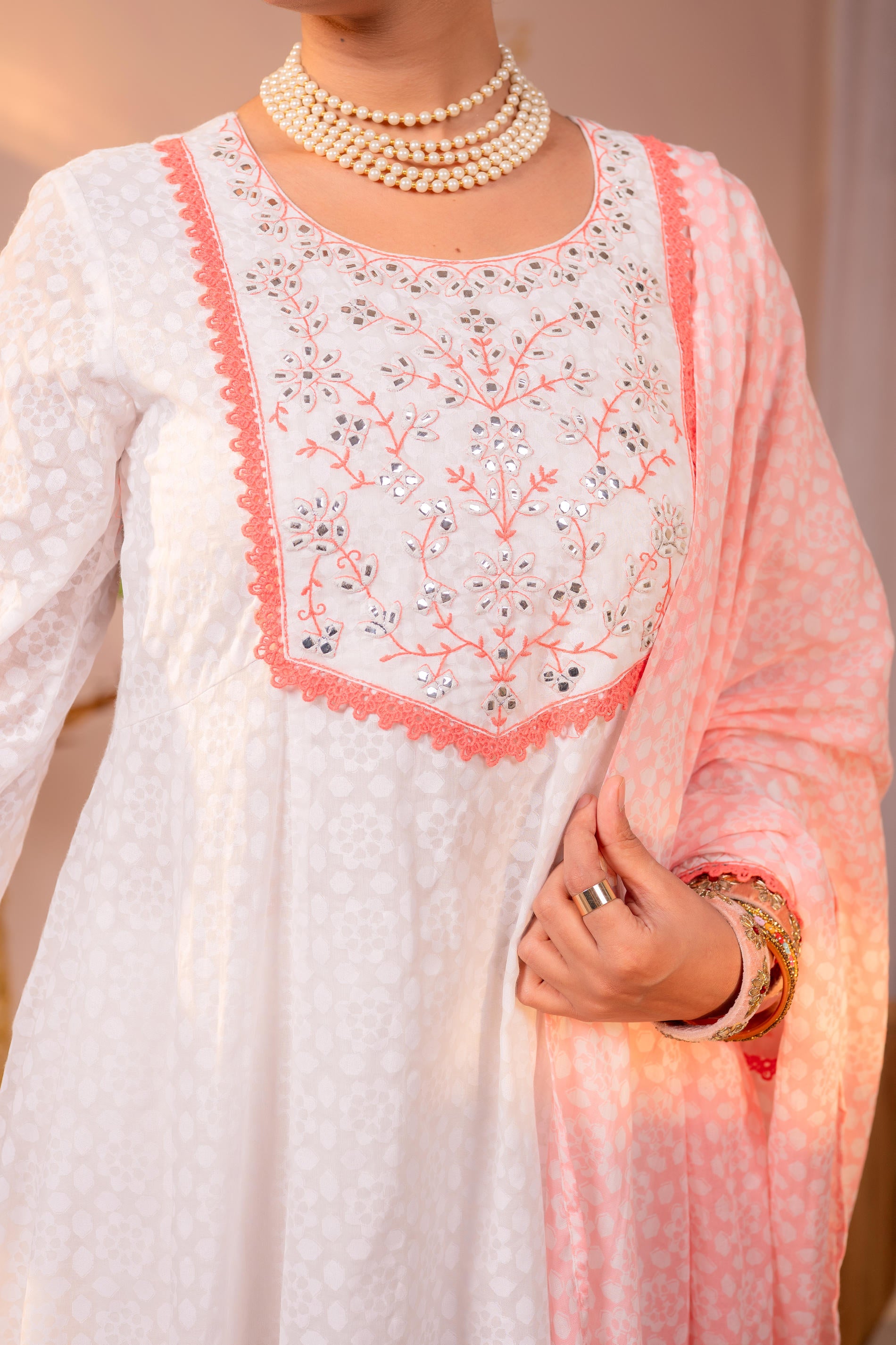Elegant White Embroidered Kurta Set with Peach Dupatta