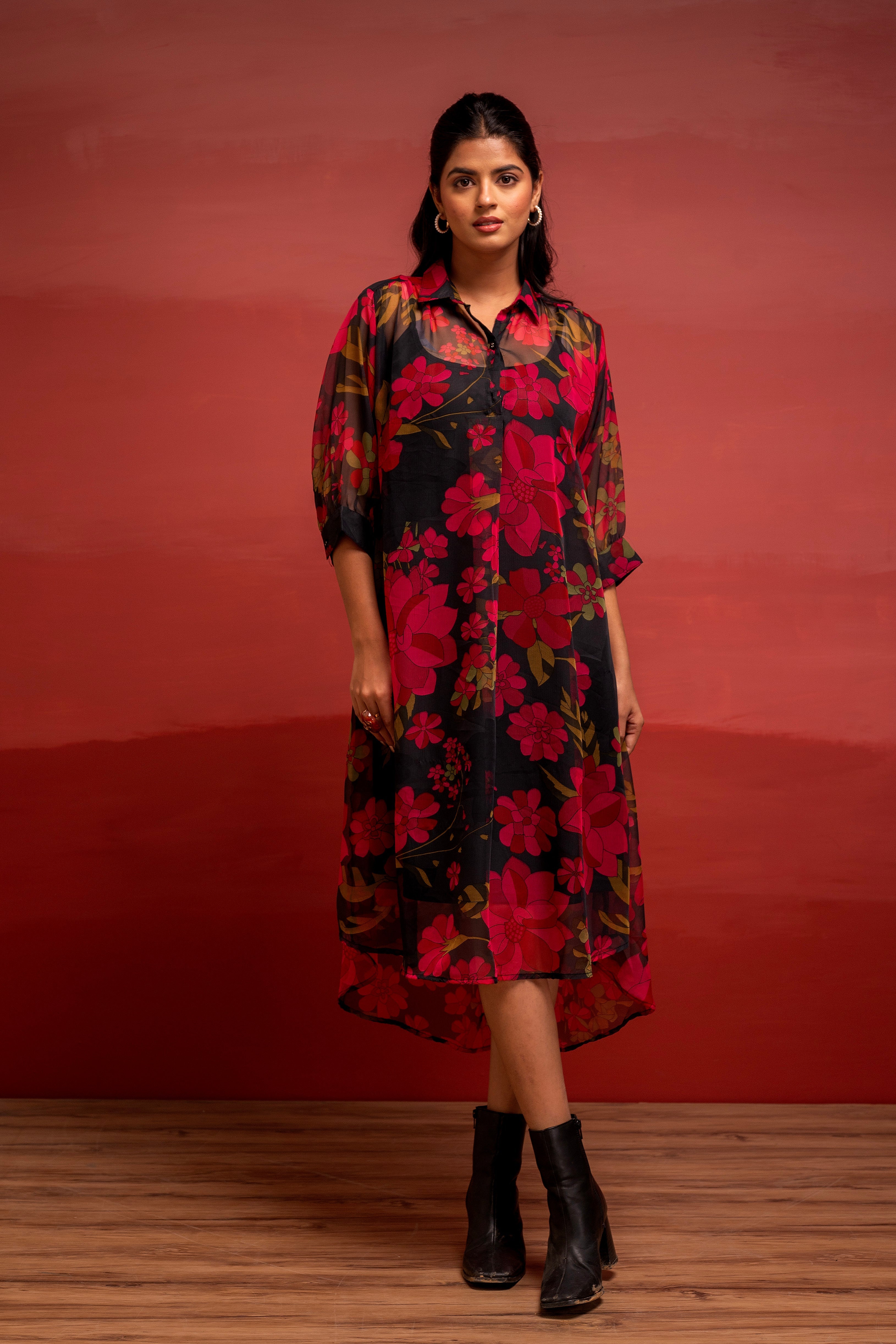 Black Floral Printed A-Line Kurta with Inner and Button Detailing