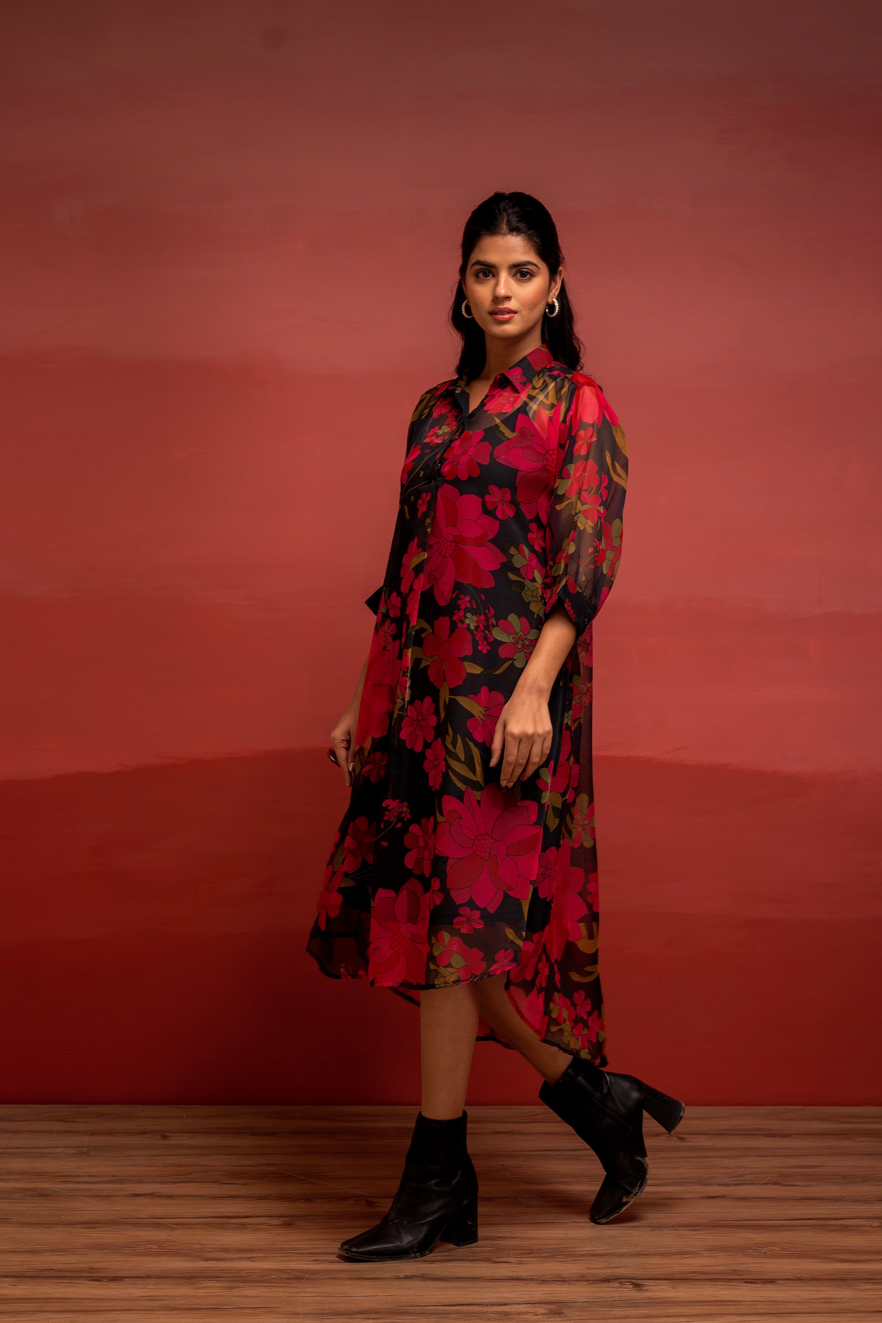 Black Floral Printed A-Line Kurta with Inner and Button Detailing