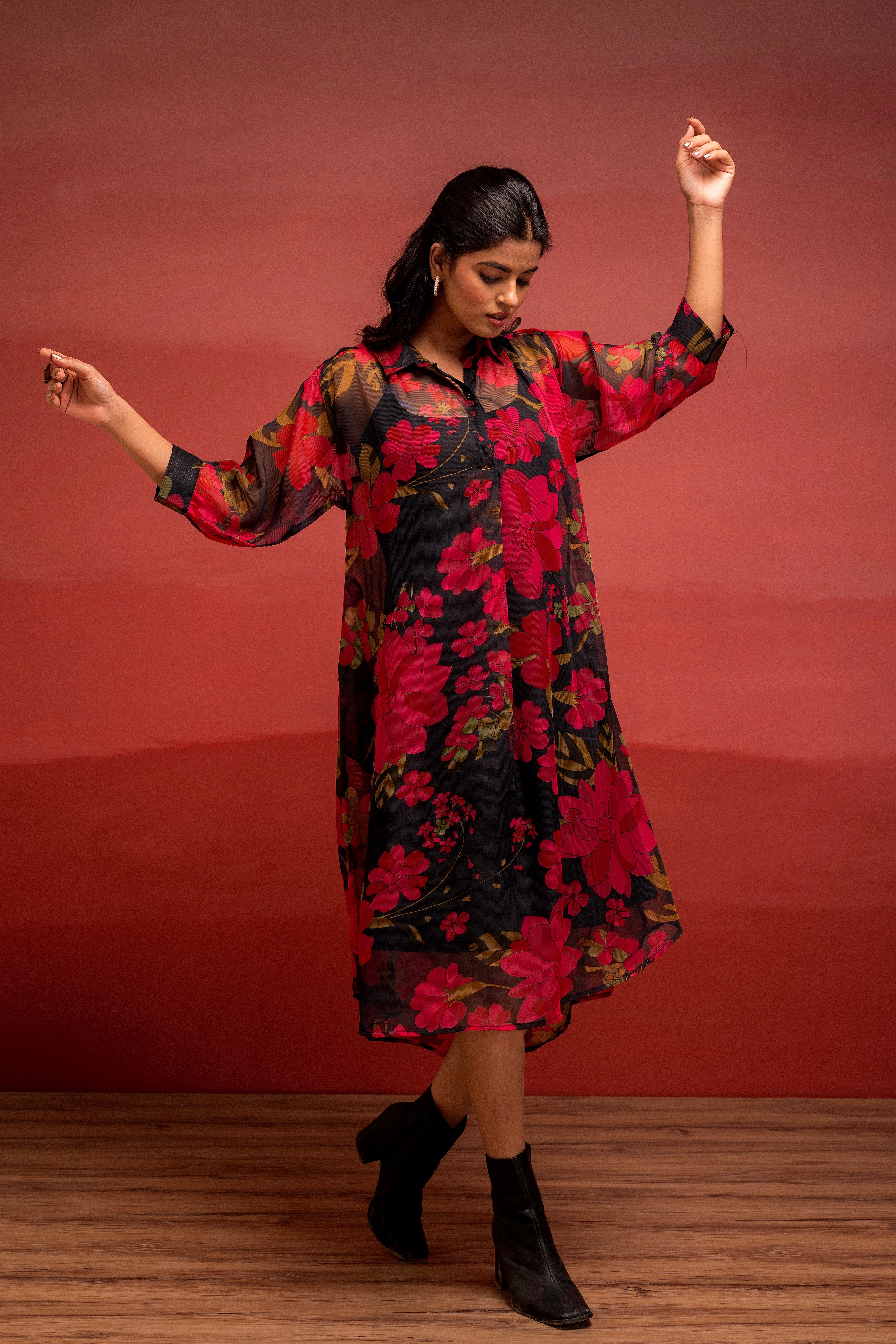 Black Floral Printed A-Line Kurta with Inner and Button Detailing