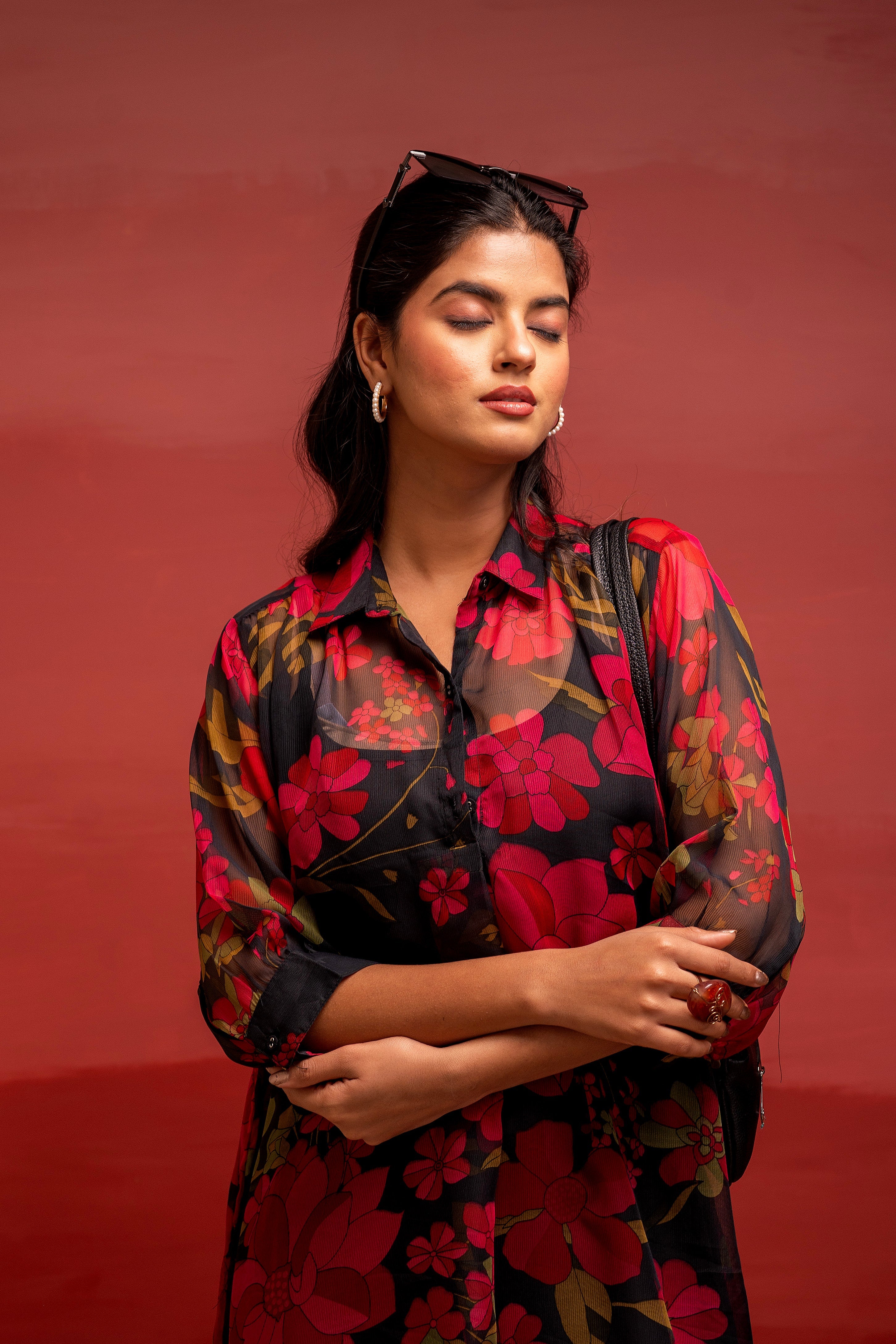 Black Floral Printed A-Line Kurta with Inner and Button Detailing