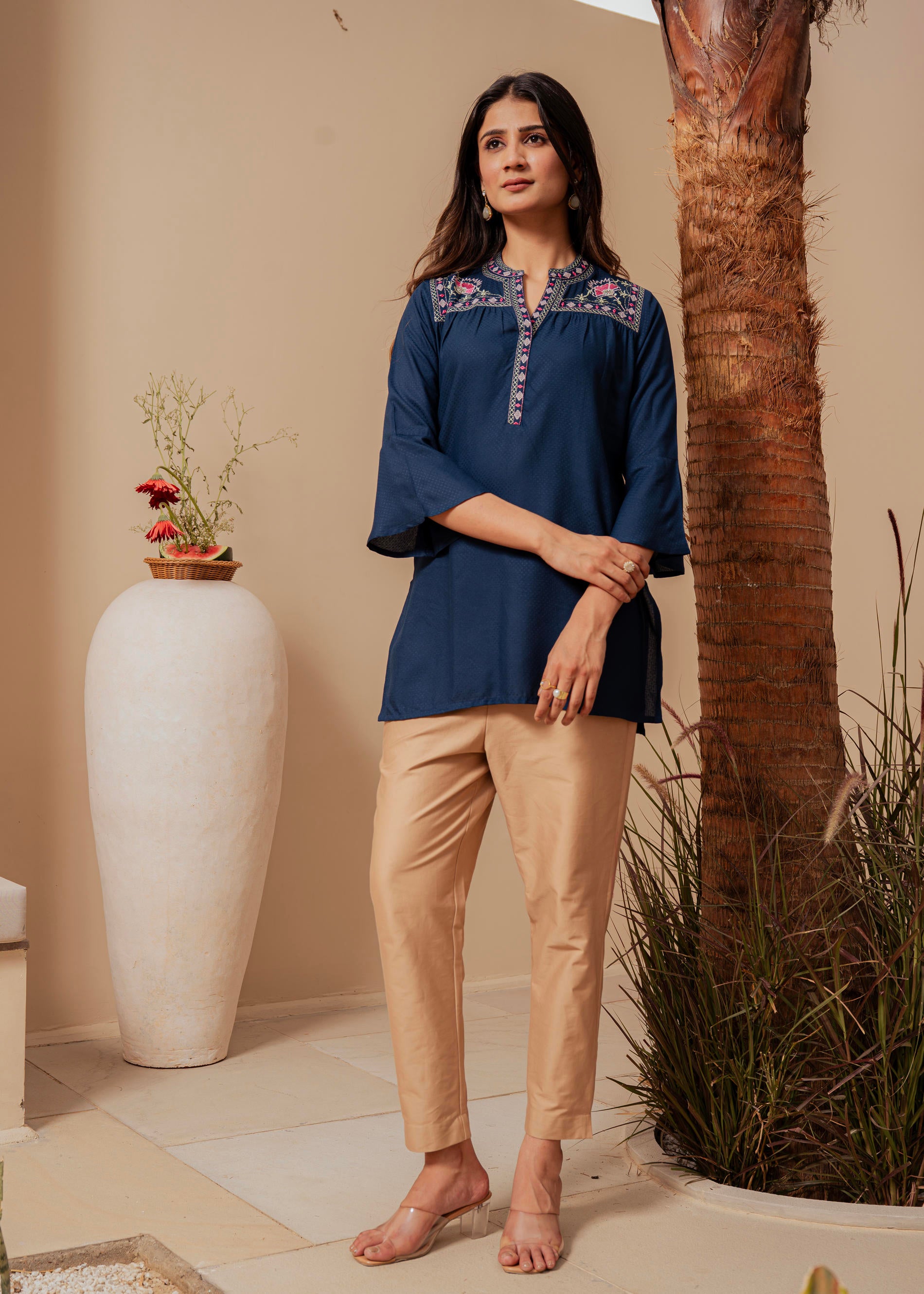 Midnight Blue Solid Viscose Tunic with  Thread Work
