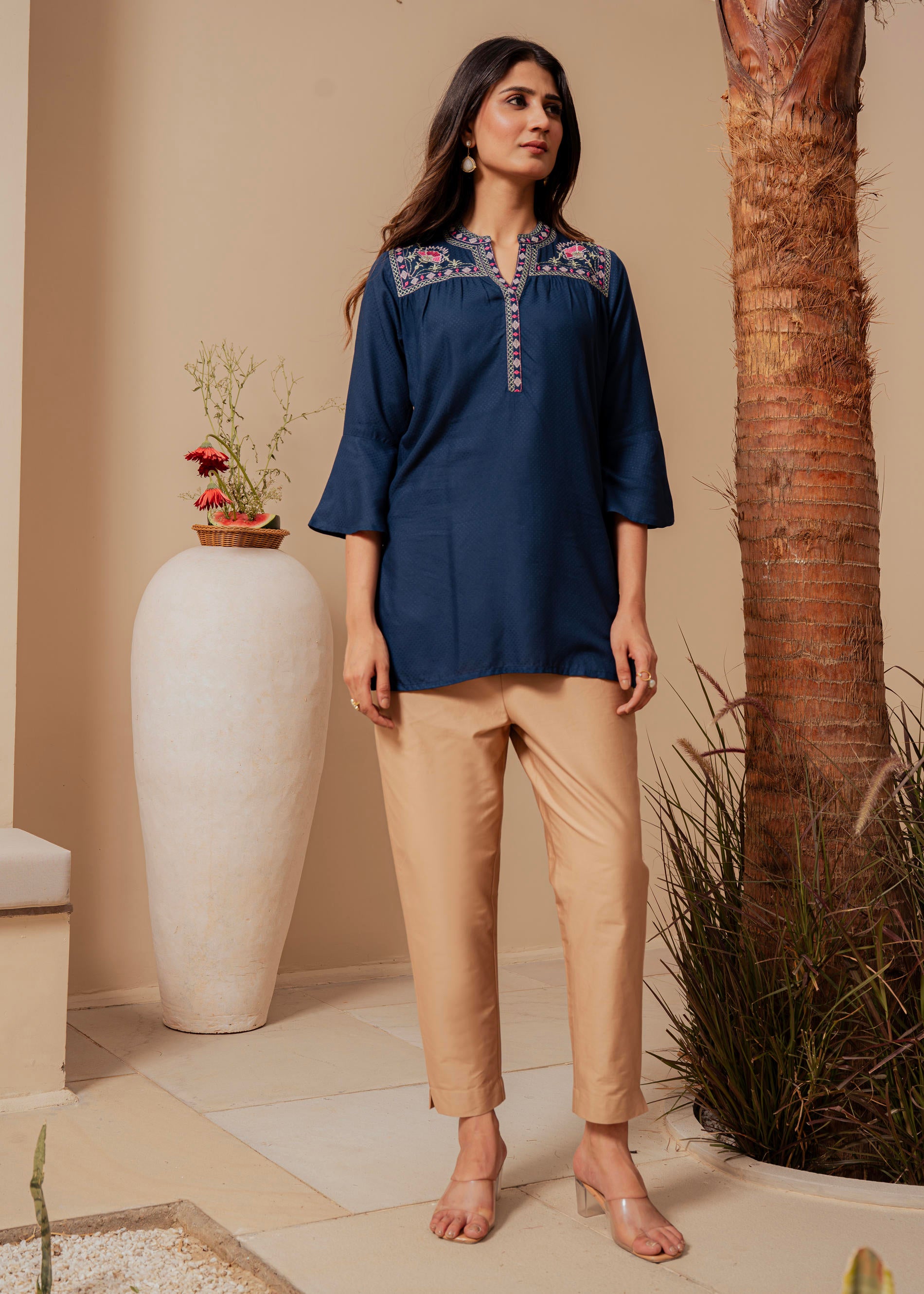 Midnight Blue Solid Viscose Tunic with  Thread Work