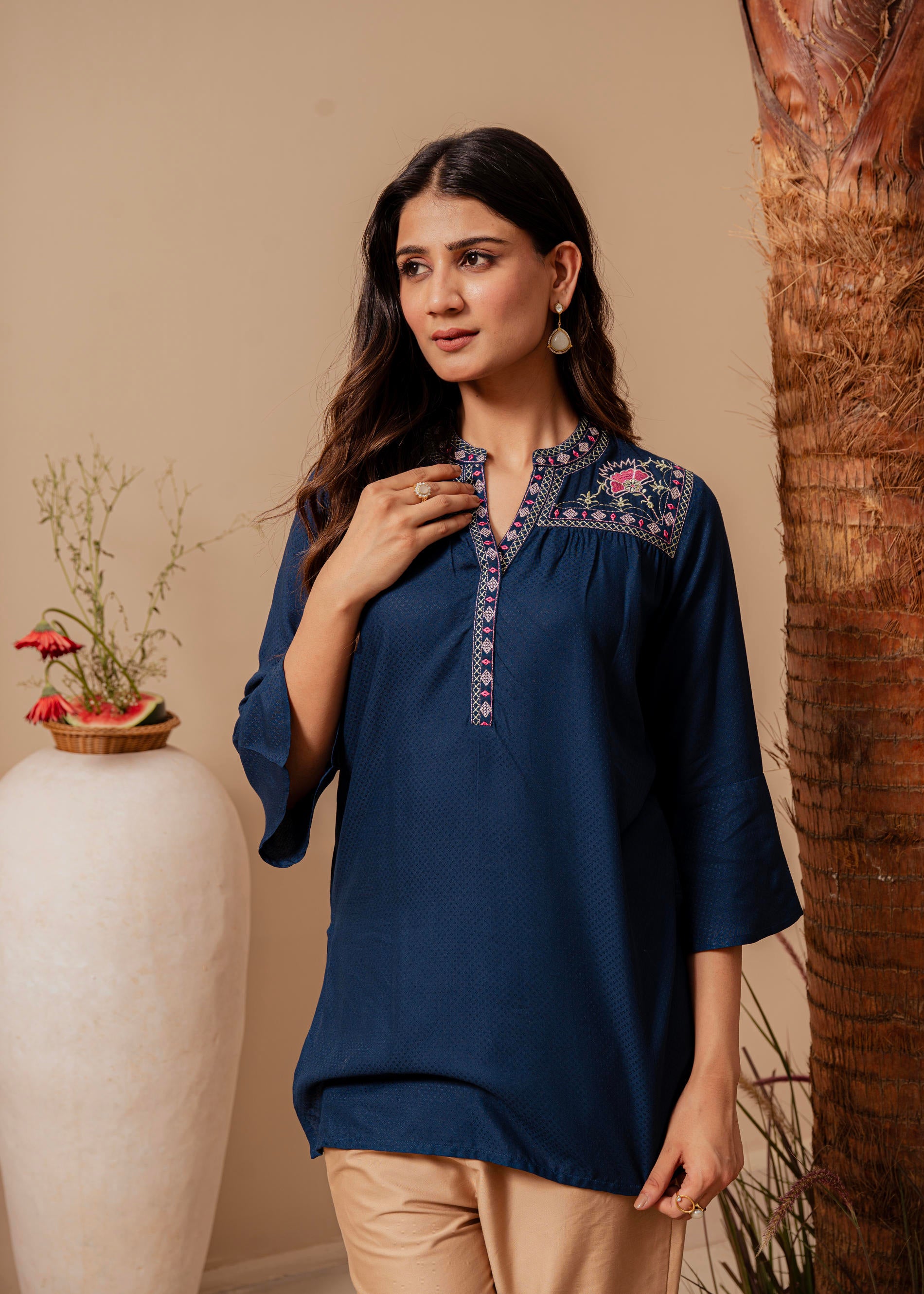 Midnight Blue Solid Viscose Tunic with  Thread Work