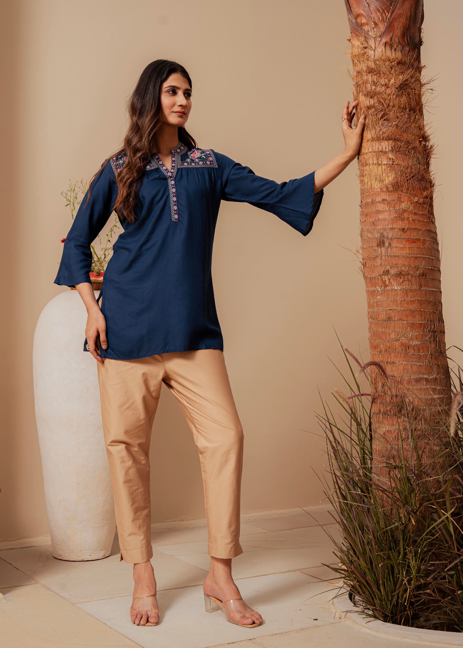 Midnight Blue Solid Viscose Tunic with  Thread Work