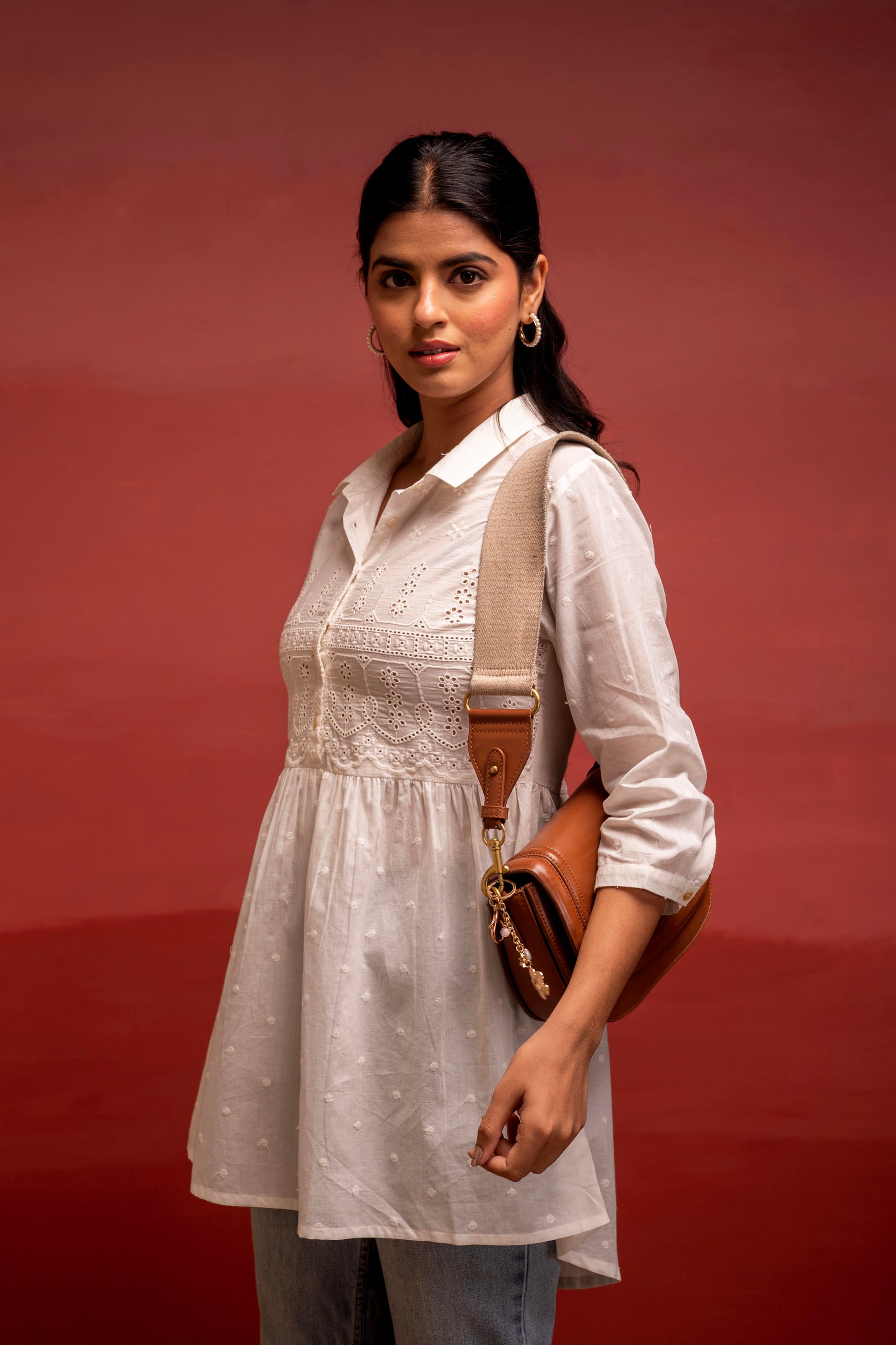 White Solid Cotton Tunic with Schiffli Work and Button Detailing