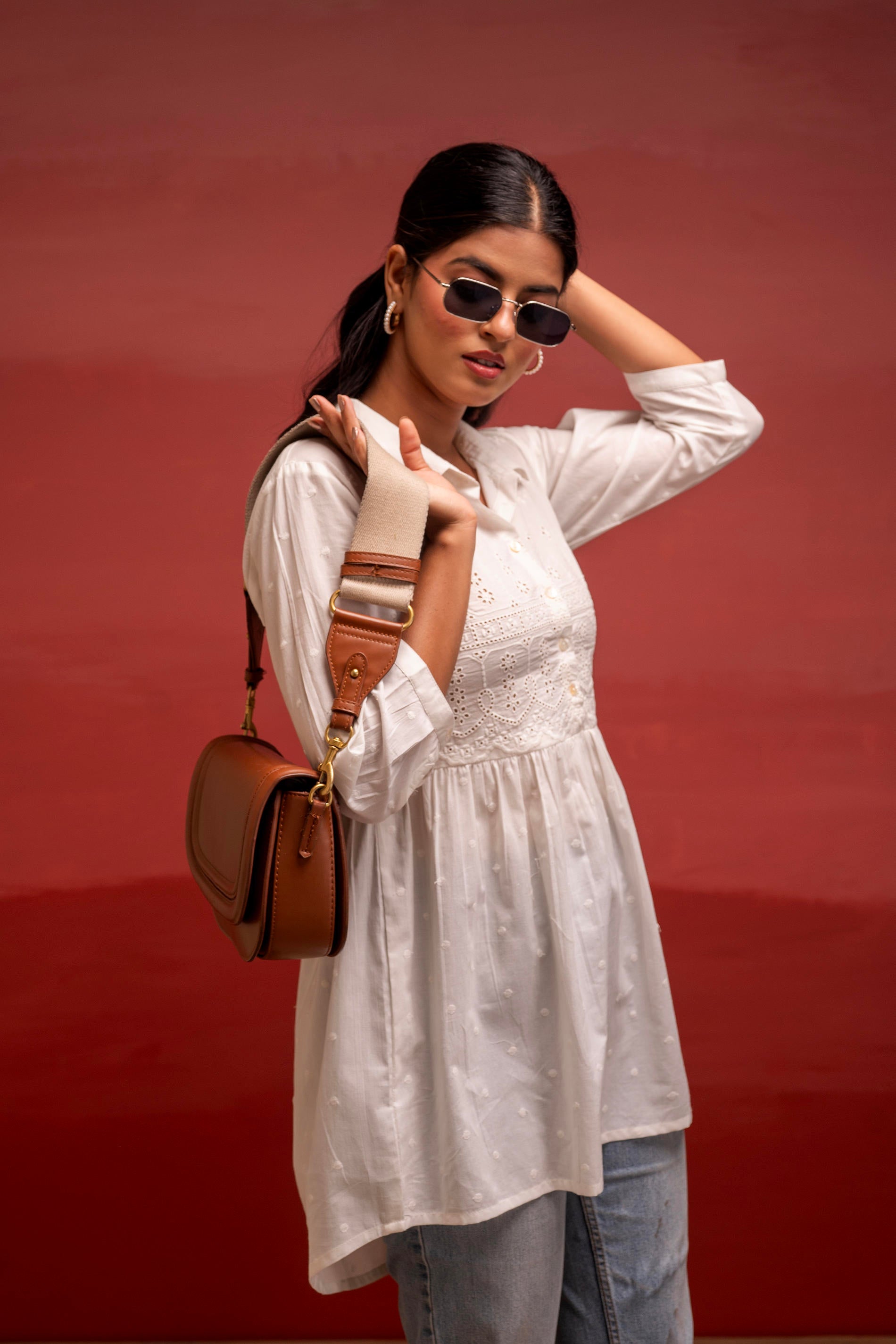 White Solid Cotton Tunic with Schiffli Work and Button Detailing