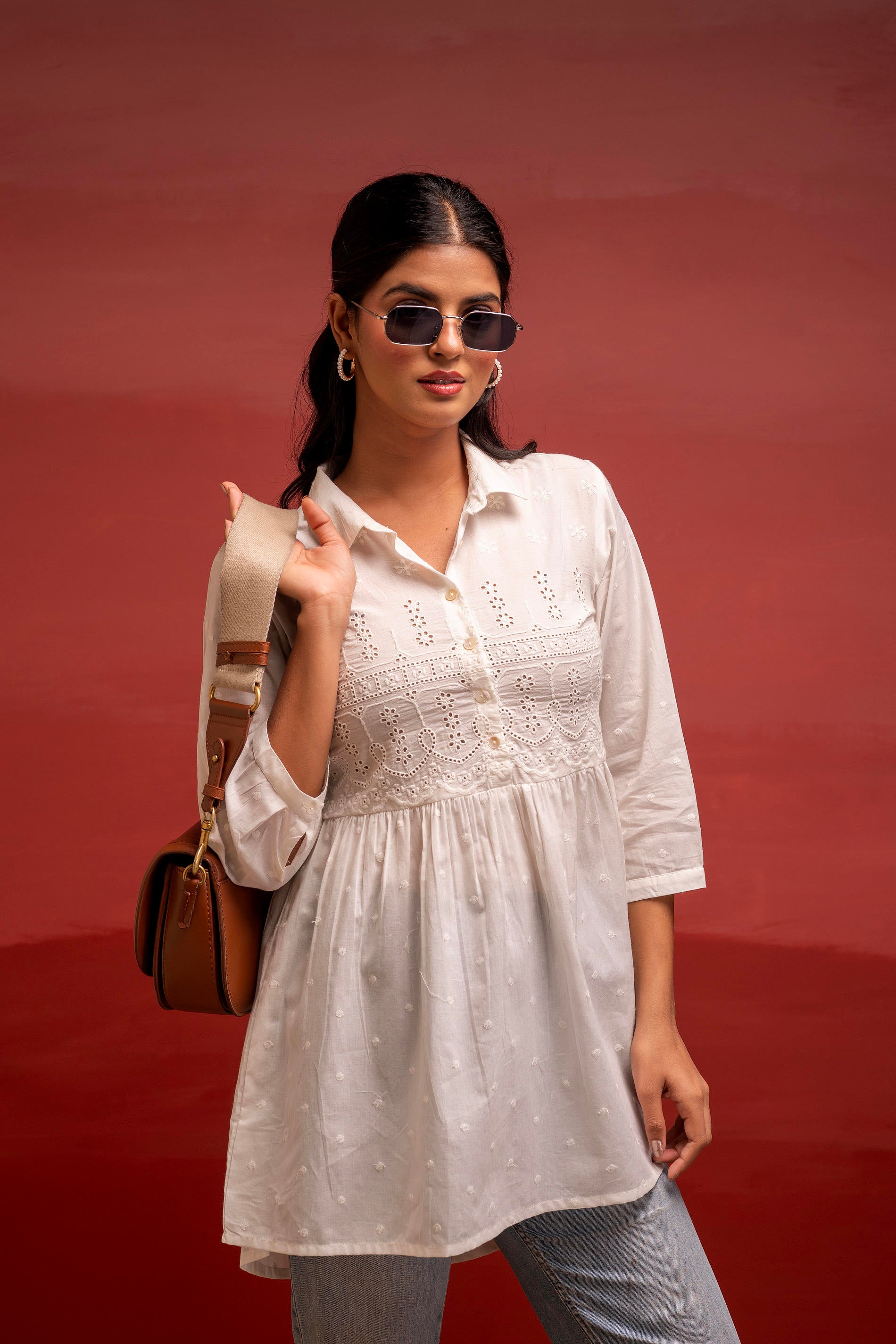 White Solid Cotton Tunic with Schiffli Work and Button Detailing