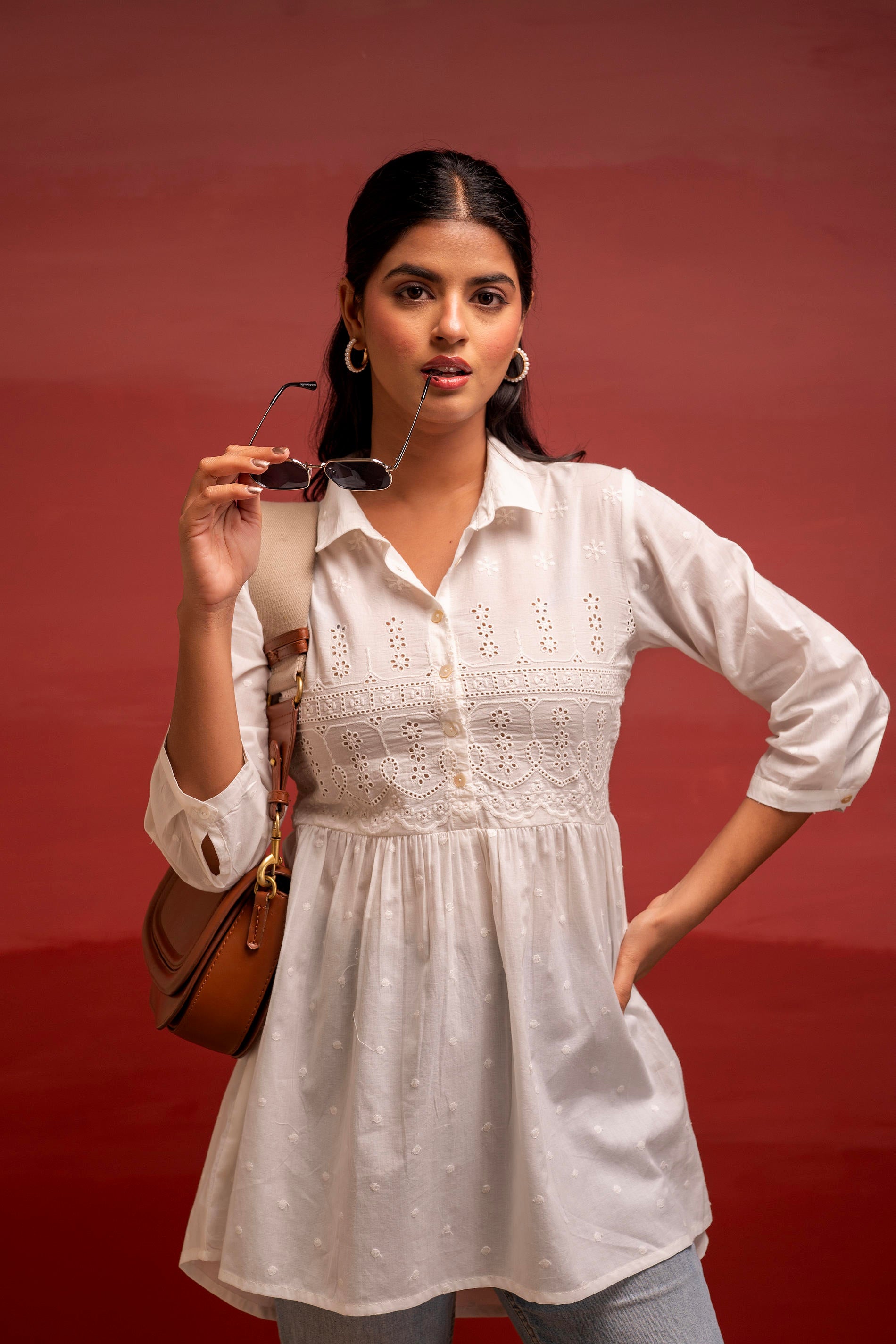 White Solid Cotton Tunic with Schiffli Work and Button Detailing