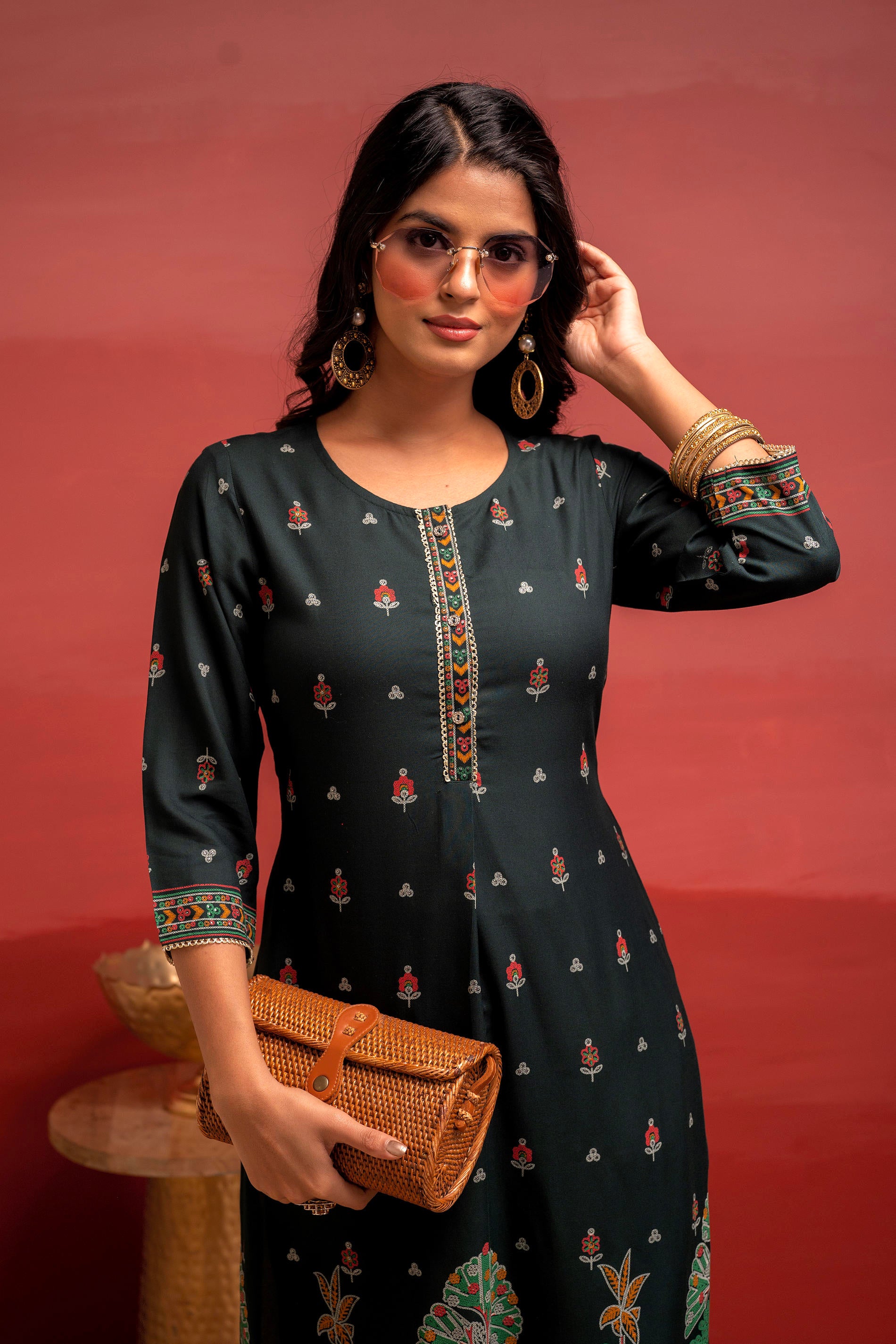 Dark Green  Festive  Straight Kurta with Heritage Motifs