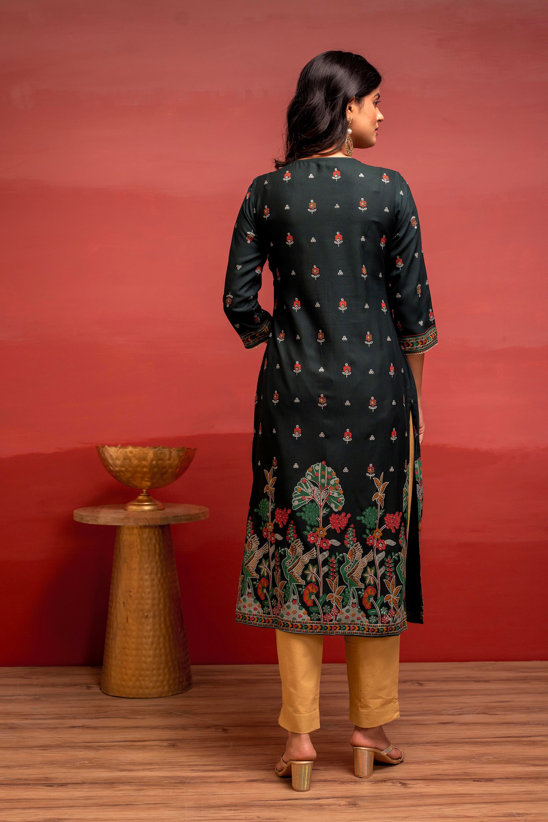 Dark Green  Festive  Straight Kurta with Heritage Motifs