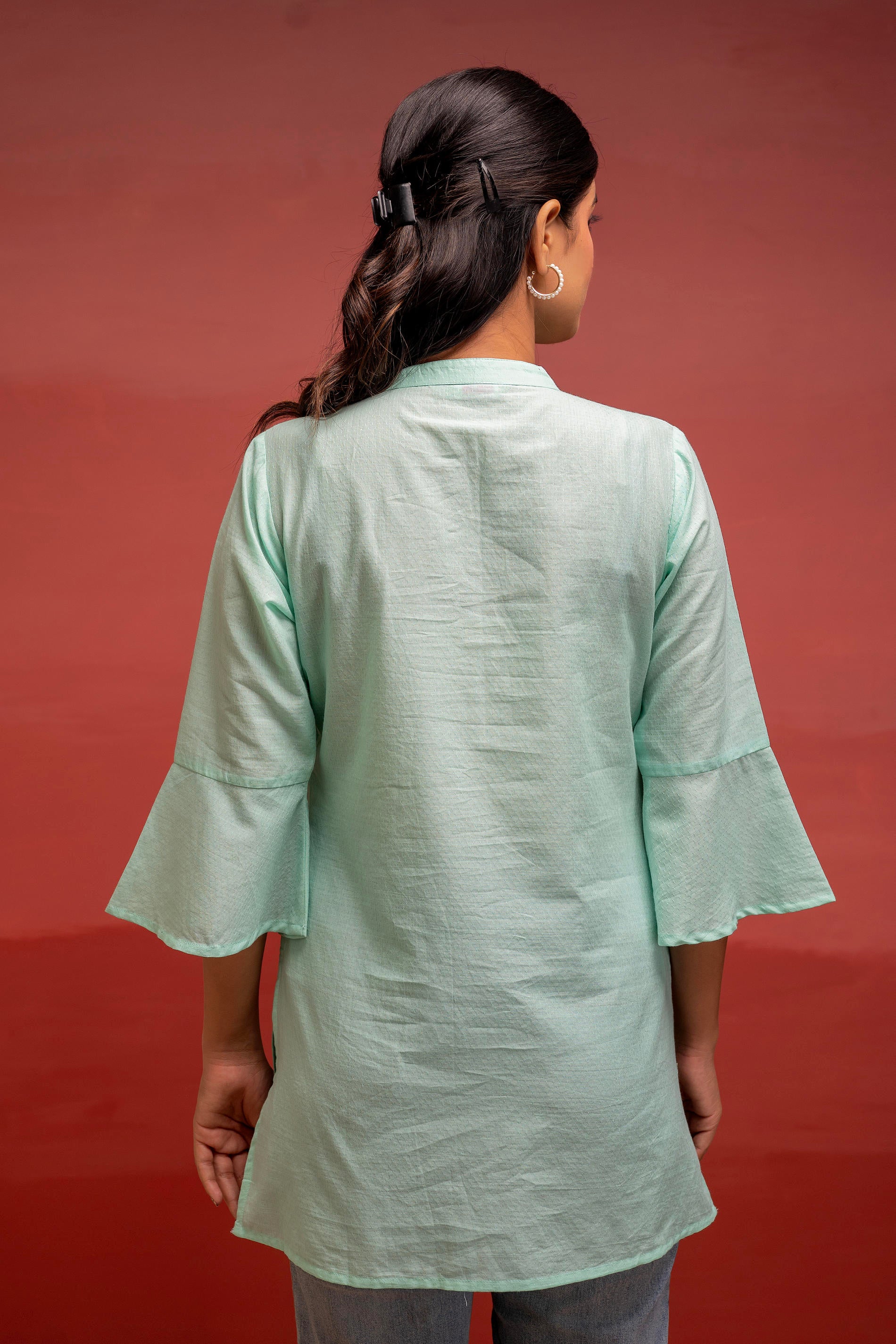 Mint Solid Cotton Straight Tunic with Thread Work and Button Detailing