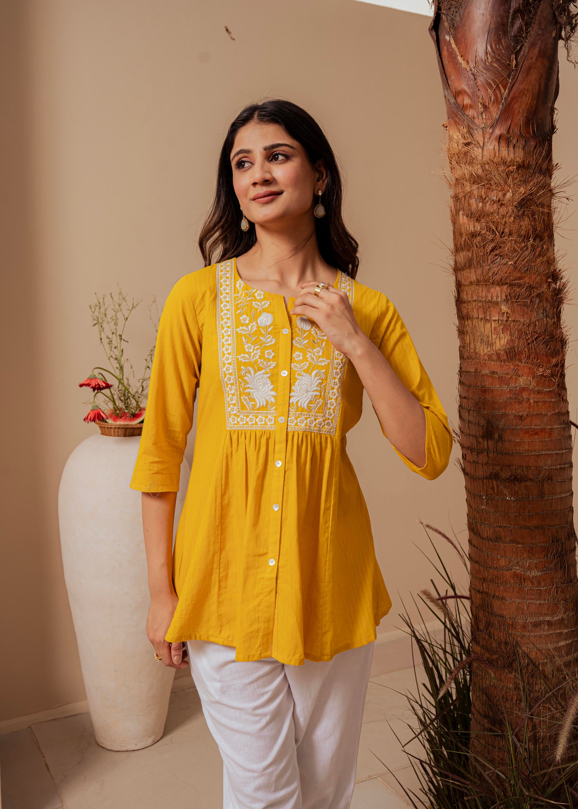 Mustard Striped Cotton Tunic with Thread Work and Button Detailing
