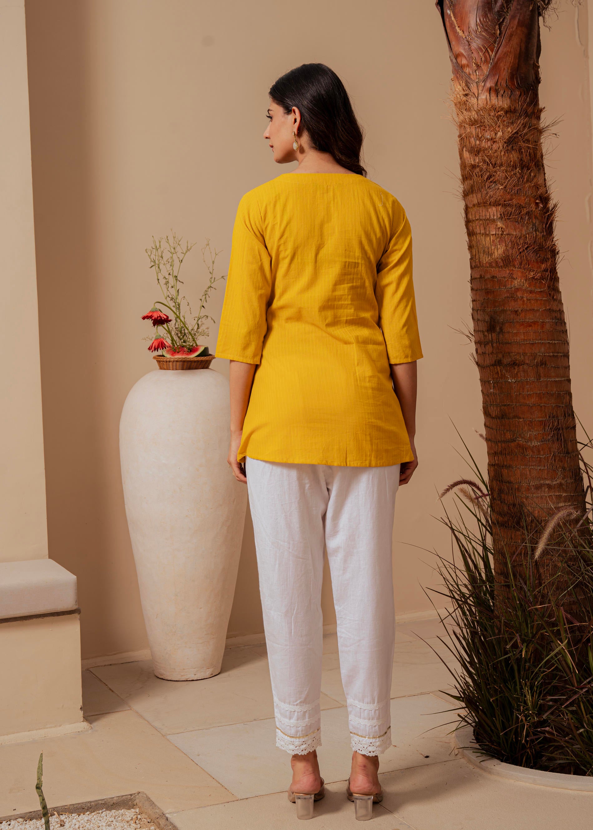 Mustard Striped Cotton Tunic with Thread Work and Button Detailing