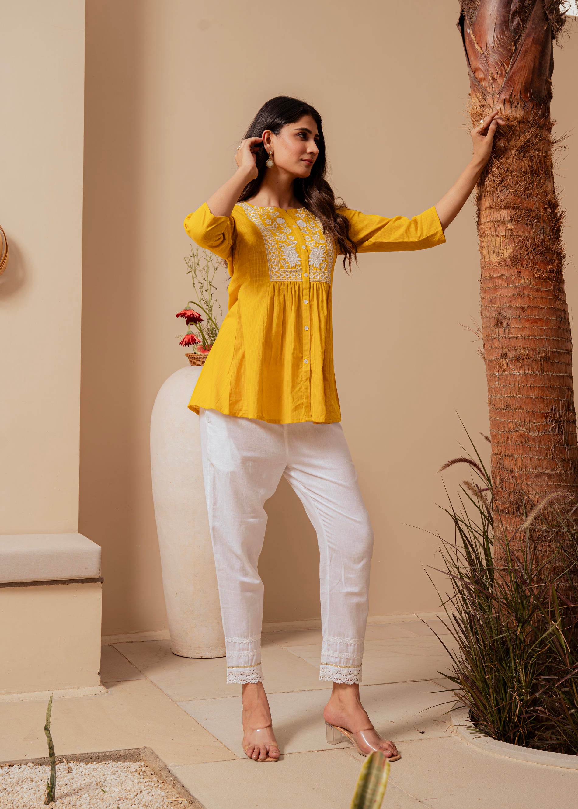 Mustard Striped Cotton Tunic with Thread Work and Button Detailing