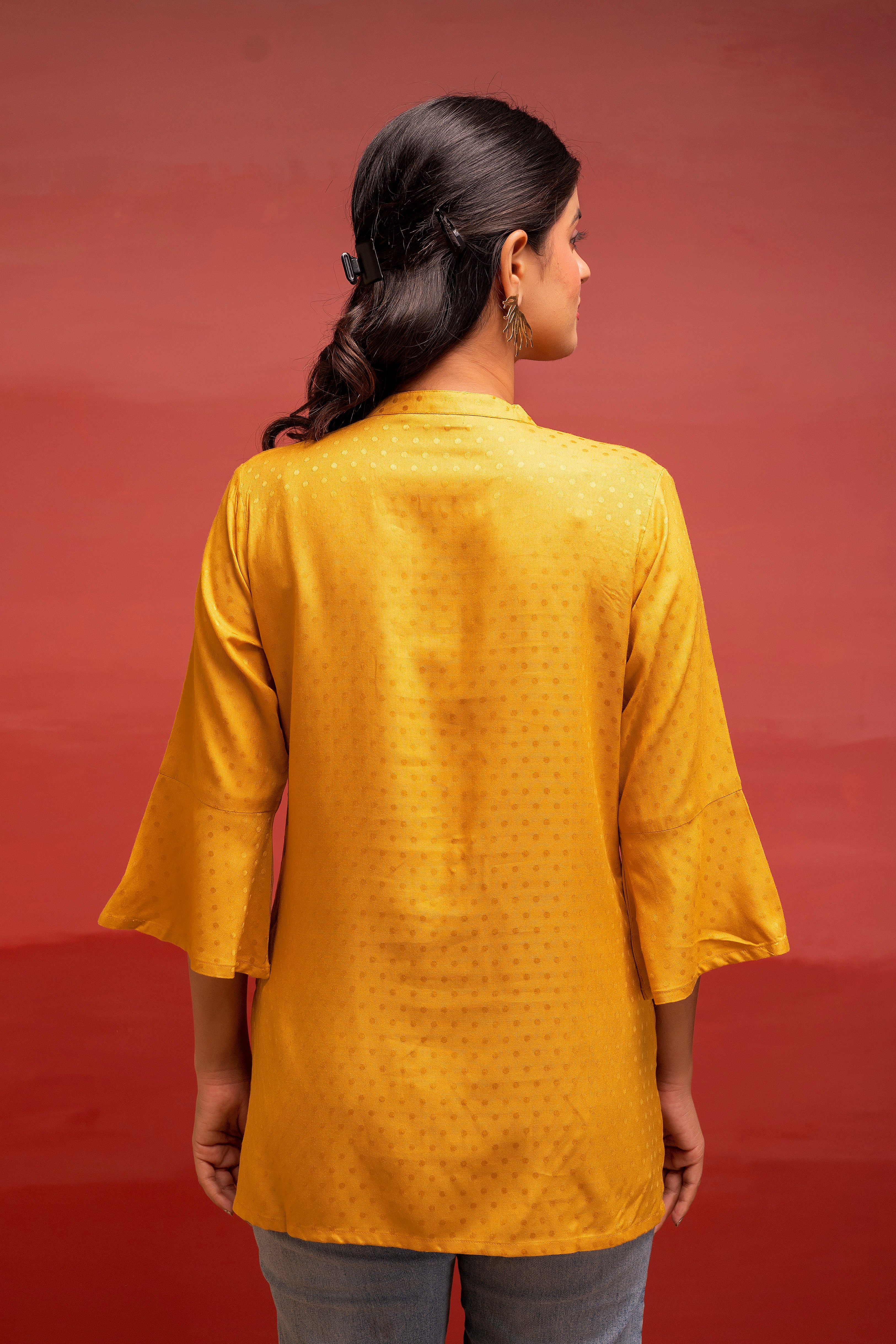 Mustard Polka Dot Viscose Tunic with Thread Work, Mirror & Button Detailing