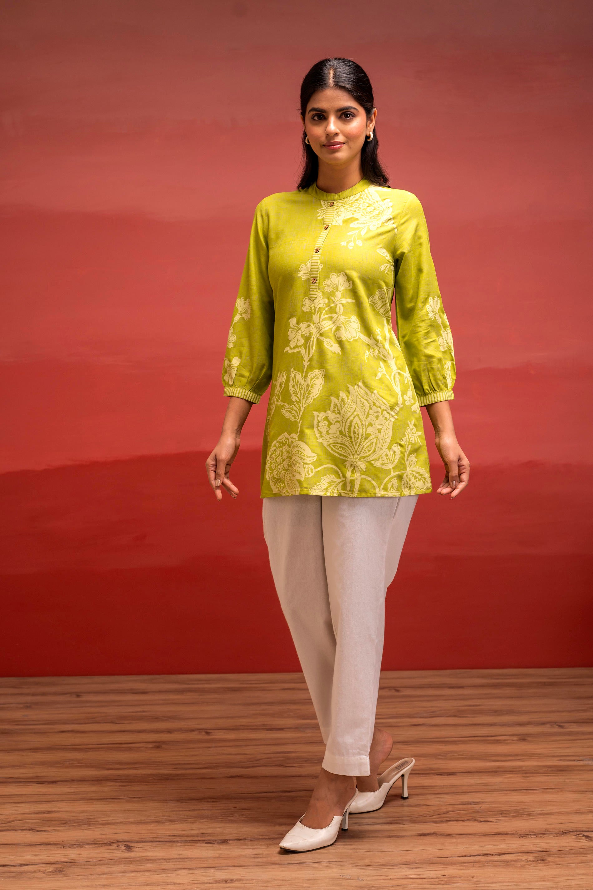 Lime Floral Printed Viscose Tunic with Button Detailing