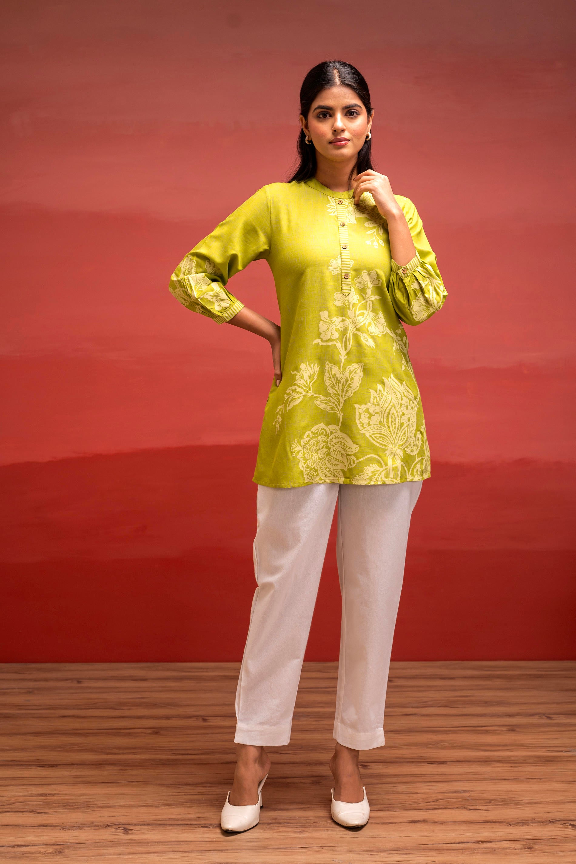 Lime Floral Printed Viscose Tunic with Button Detailing