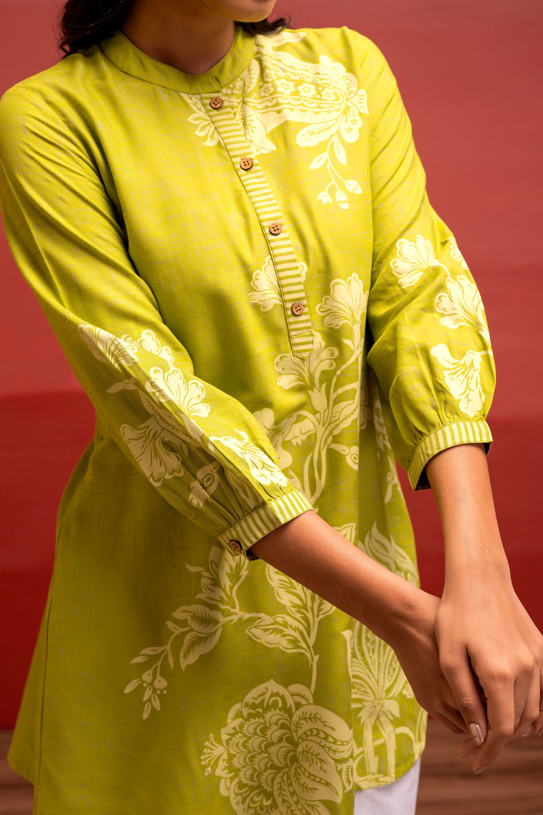 Lime Floral Printed Viscose Tunic with Button Detailing