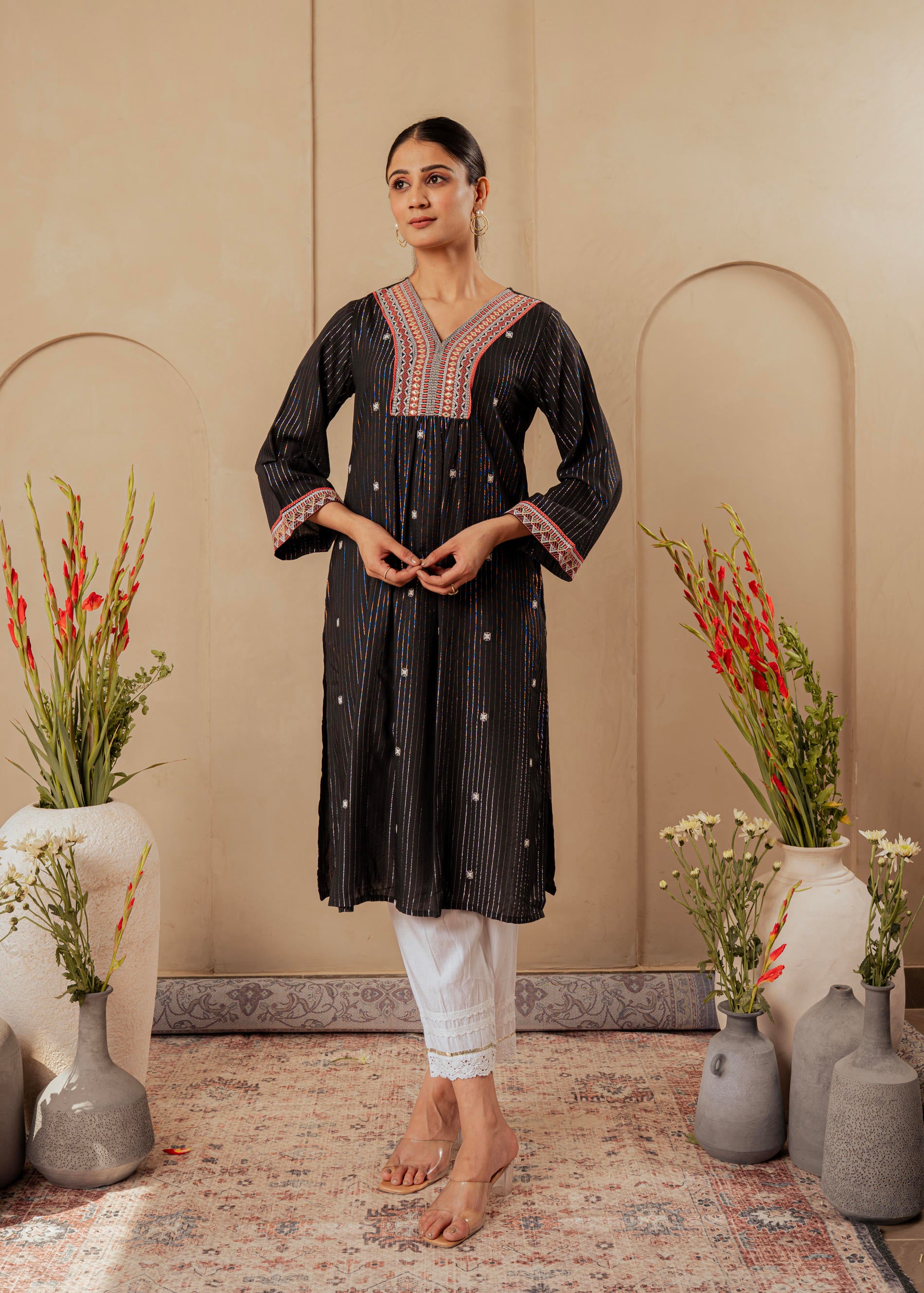 Black Striped Viscose Kurta with Embroidered Thread Work and Mirror Detailing