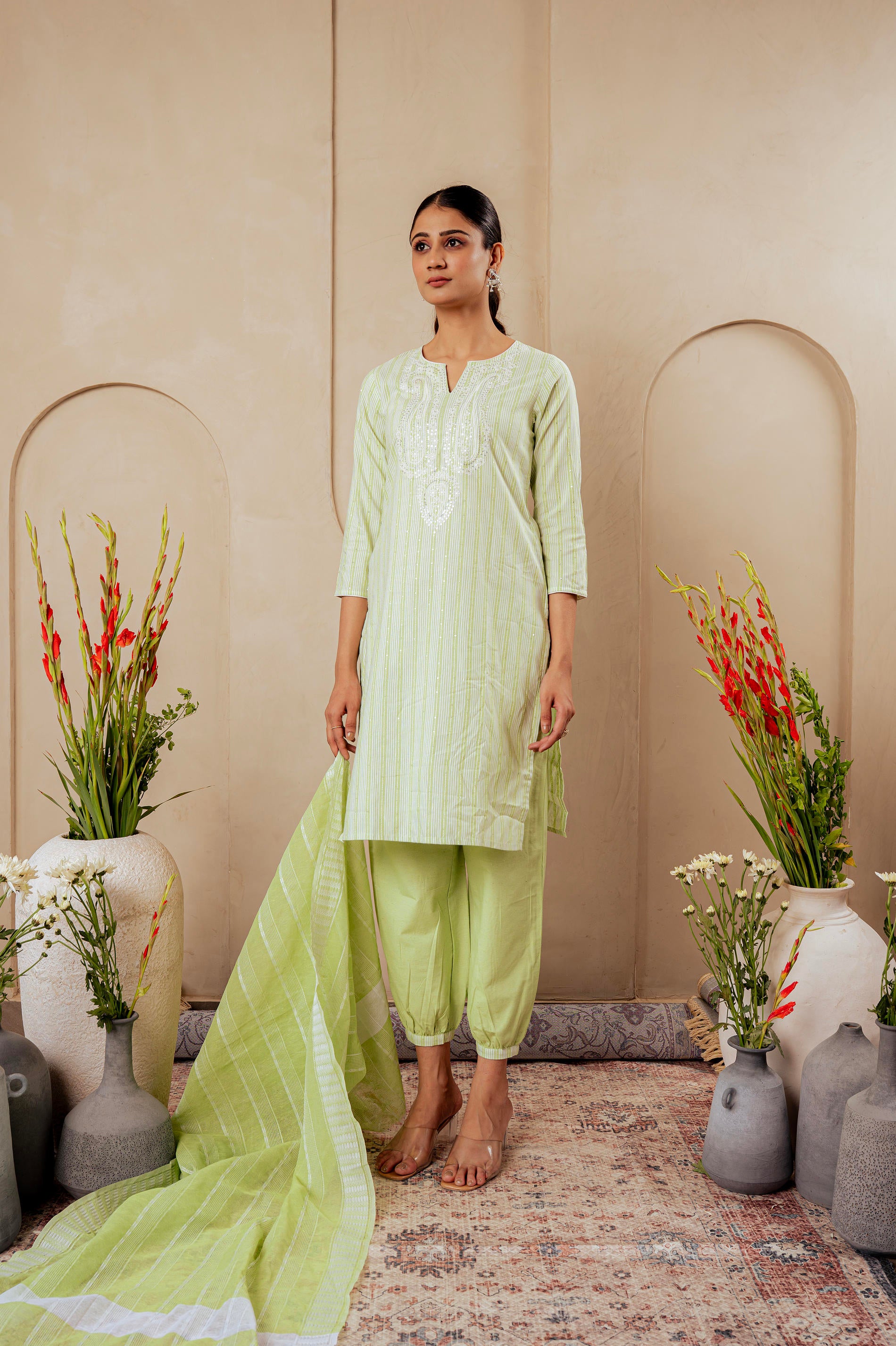 Sage Green   Kurta Set with Subtle Thread Embroidery