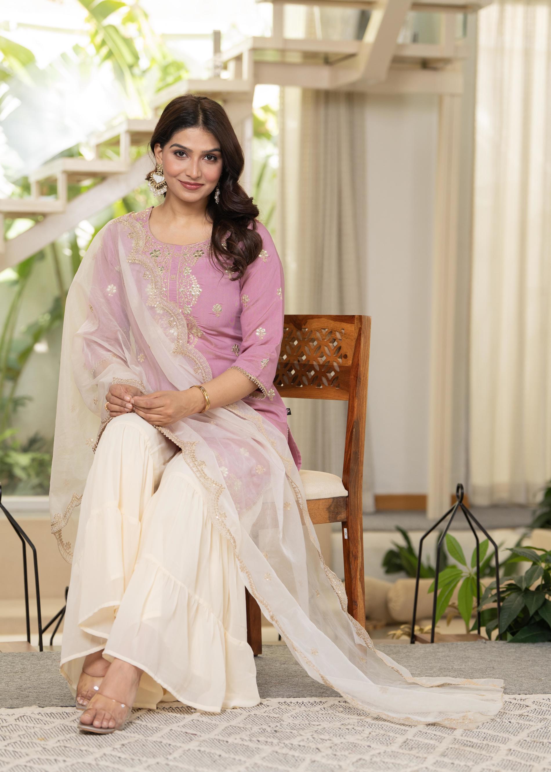 Pastel Pink Embroidered Kurta Set with Ivory Sharara and Dupatta