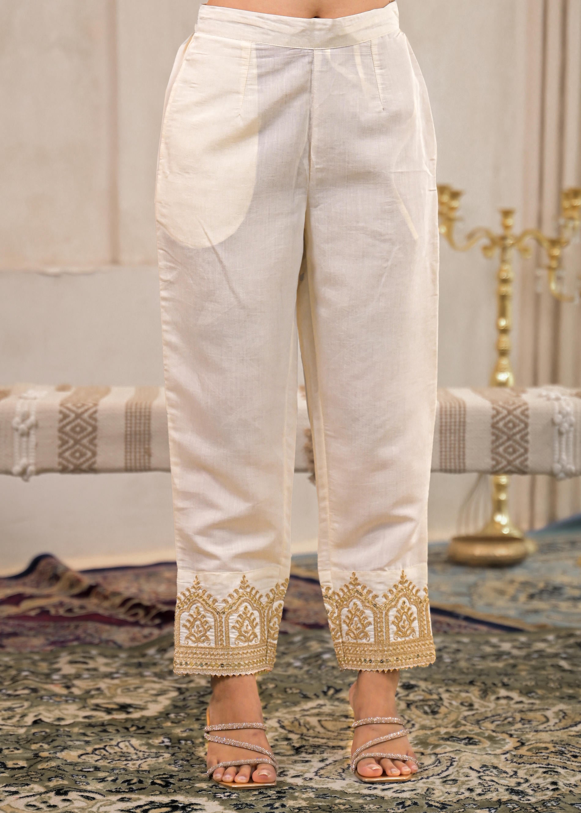 Viscose Off White Embroidered Kurta Pant and Dupatta Set with Zari Work And Sequin