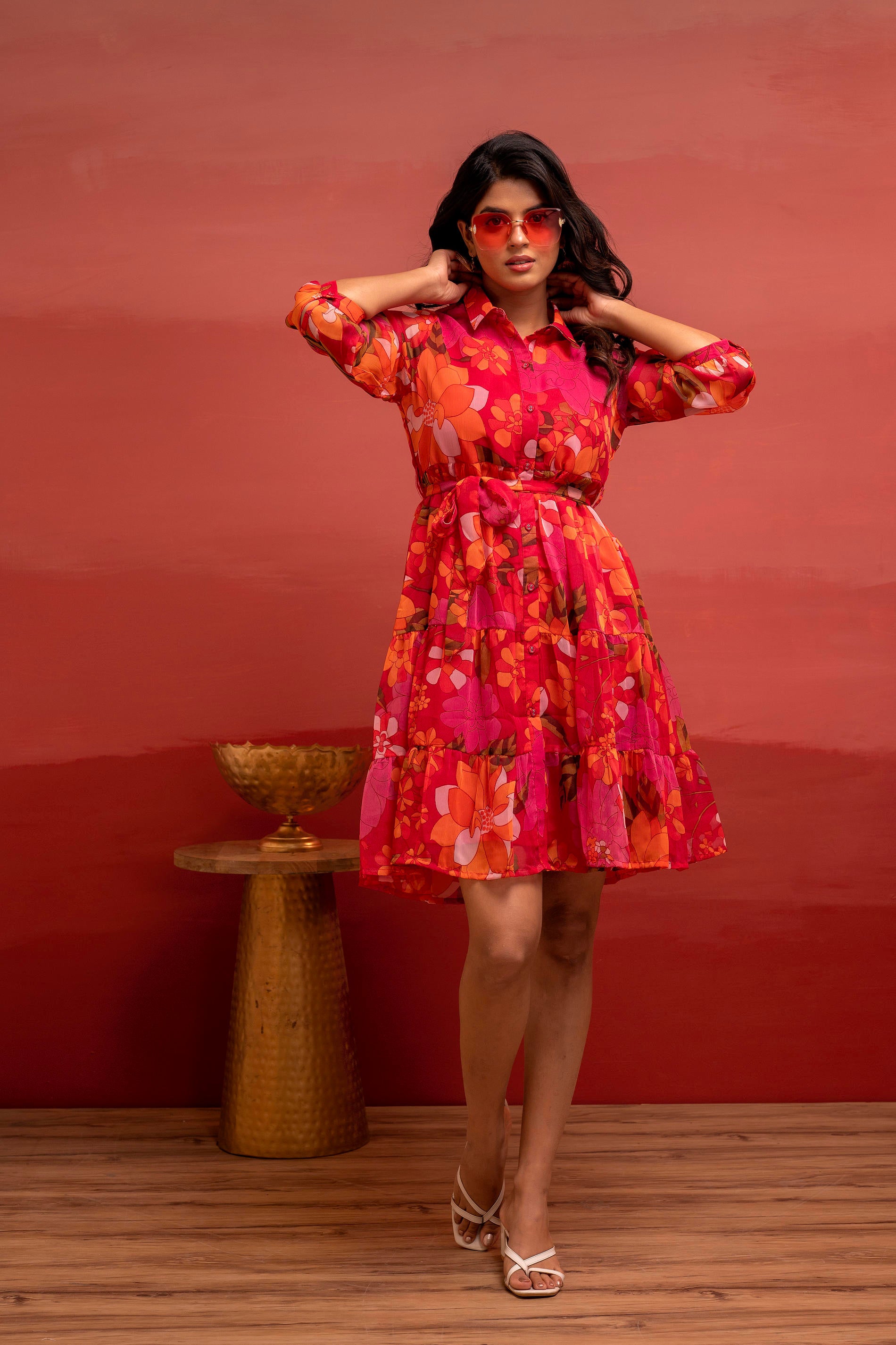 Man Made Fiber Fuchsia Floral Printed Short Dress with Belt