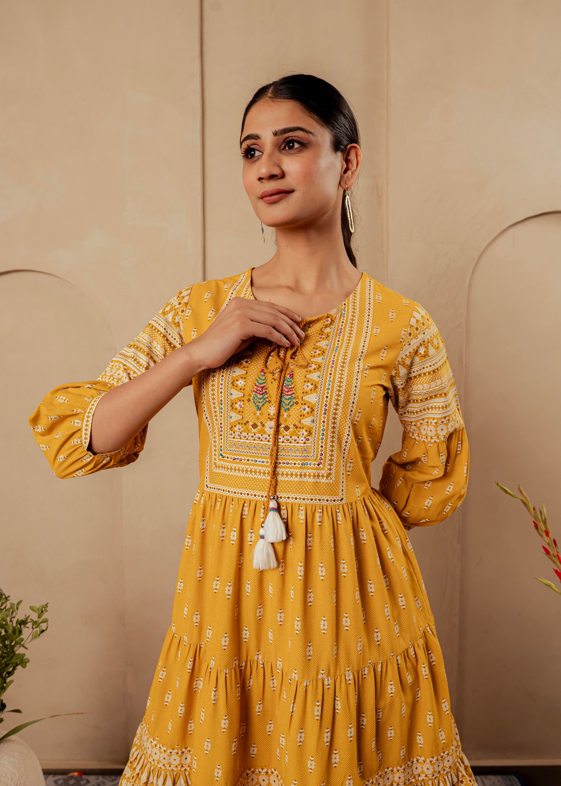 Mustard Ethnic Motifs Viscose Tiered Short Dress with Beads, Sequence, Dori