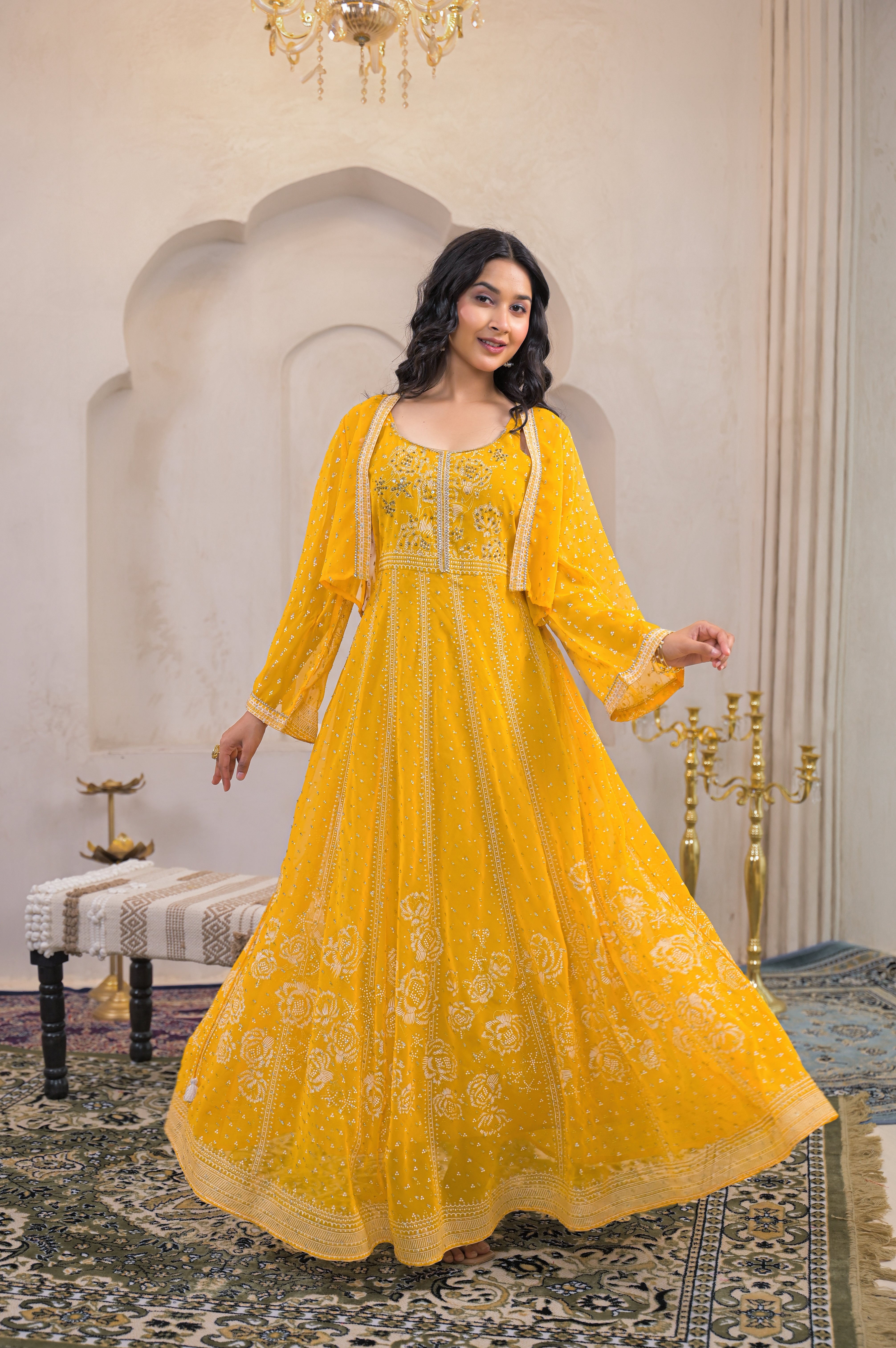 Mustard Ethnic Motifs Printed Man Made Fiber Tiered Long Dress