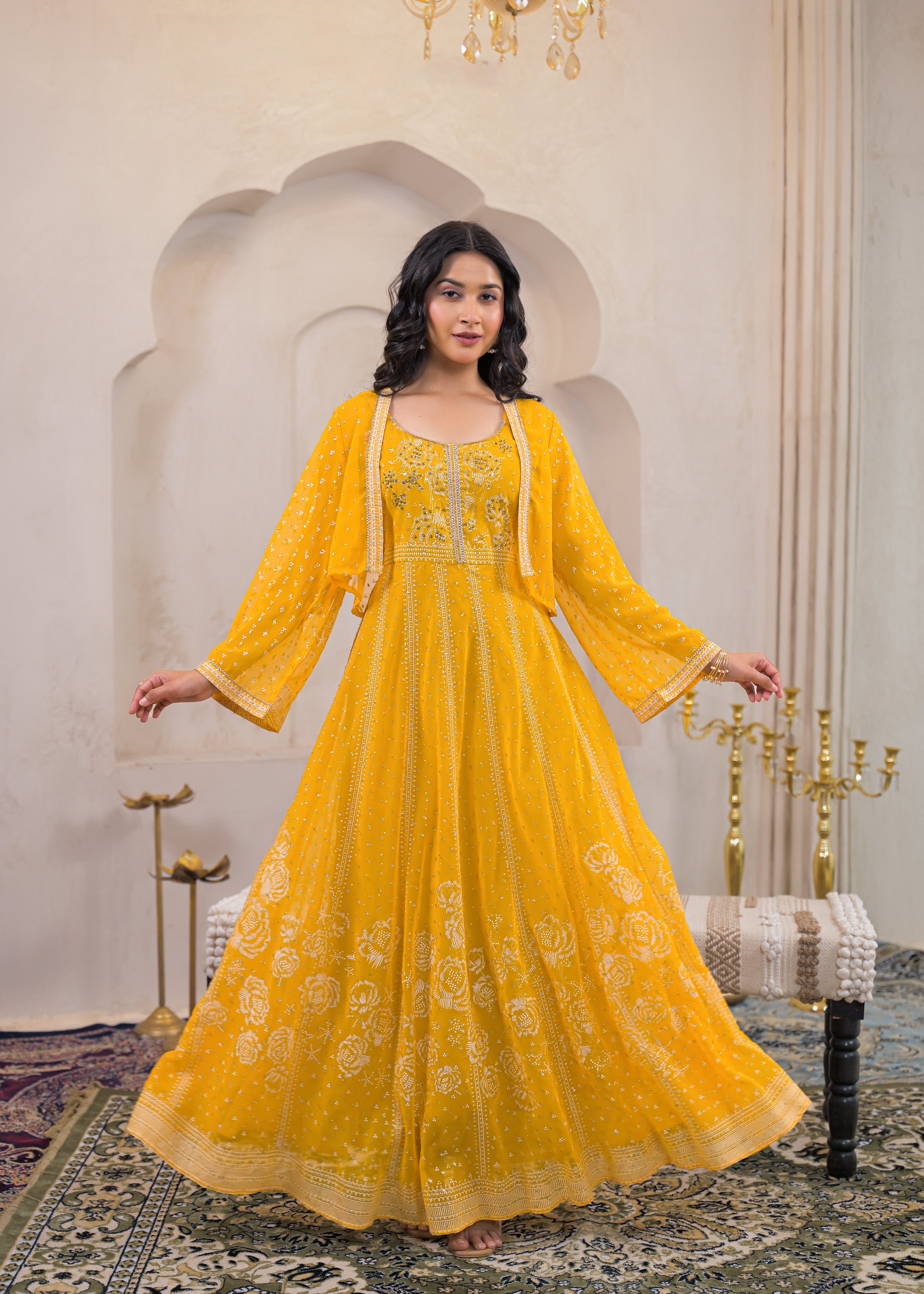 Mustard Ethnic Motifs Printed Man Made Fiber Tiered Long Dress