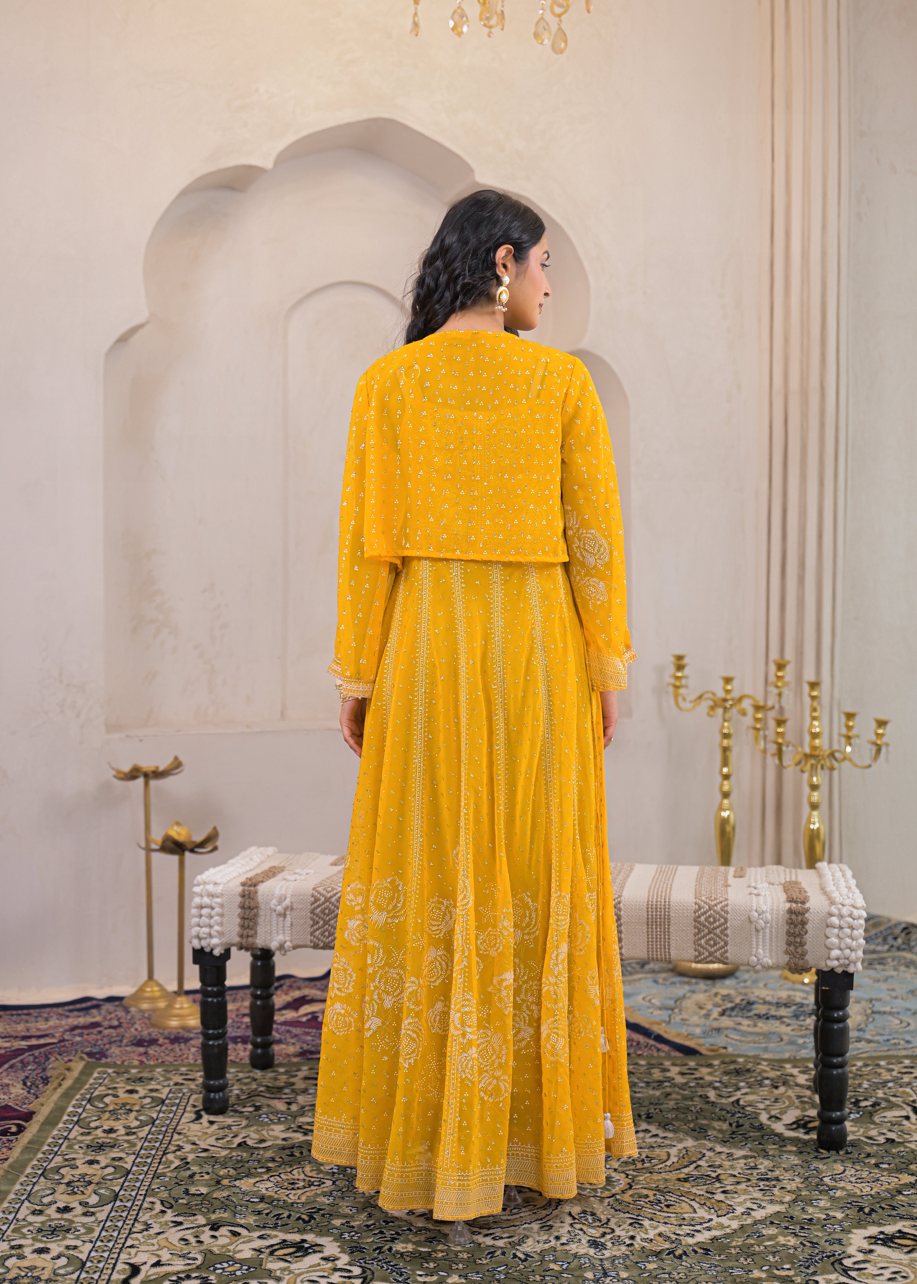 Mustard Ethnic Motifs Printed Man Made Fiber Tiered Long Dress