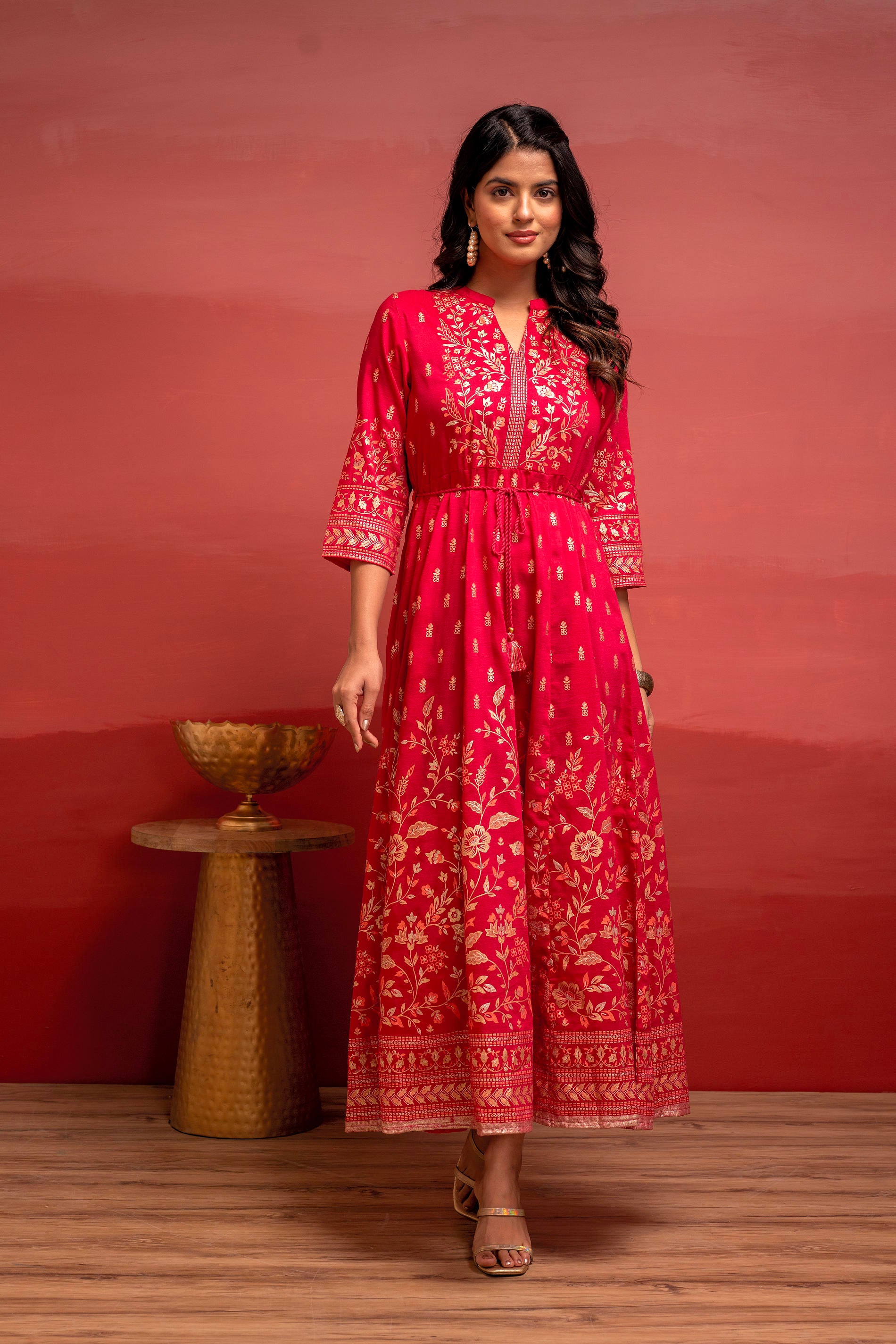 Fuchsia Floral Foil Printed Anarkali Long Dress
