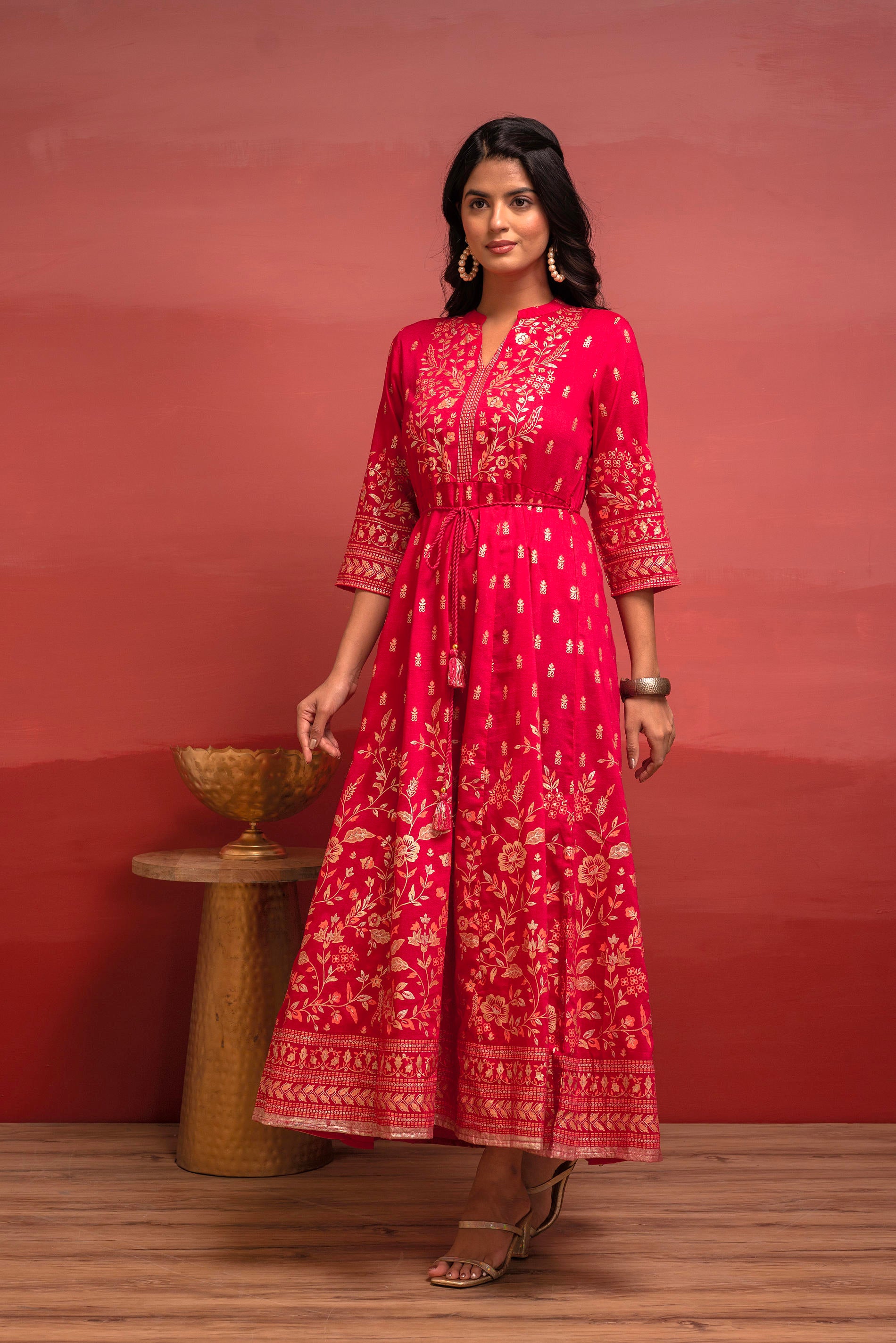 Fuchsia Floral Foil Printed Anarkali Long Dress