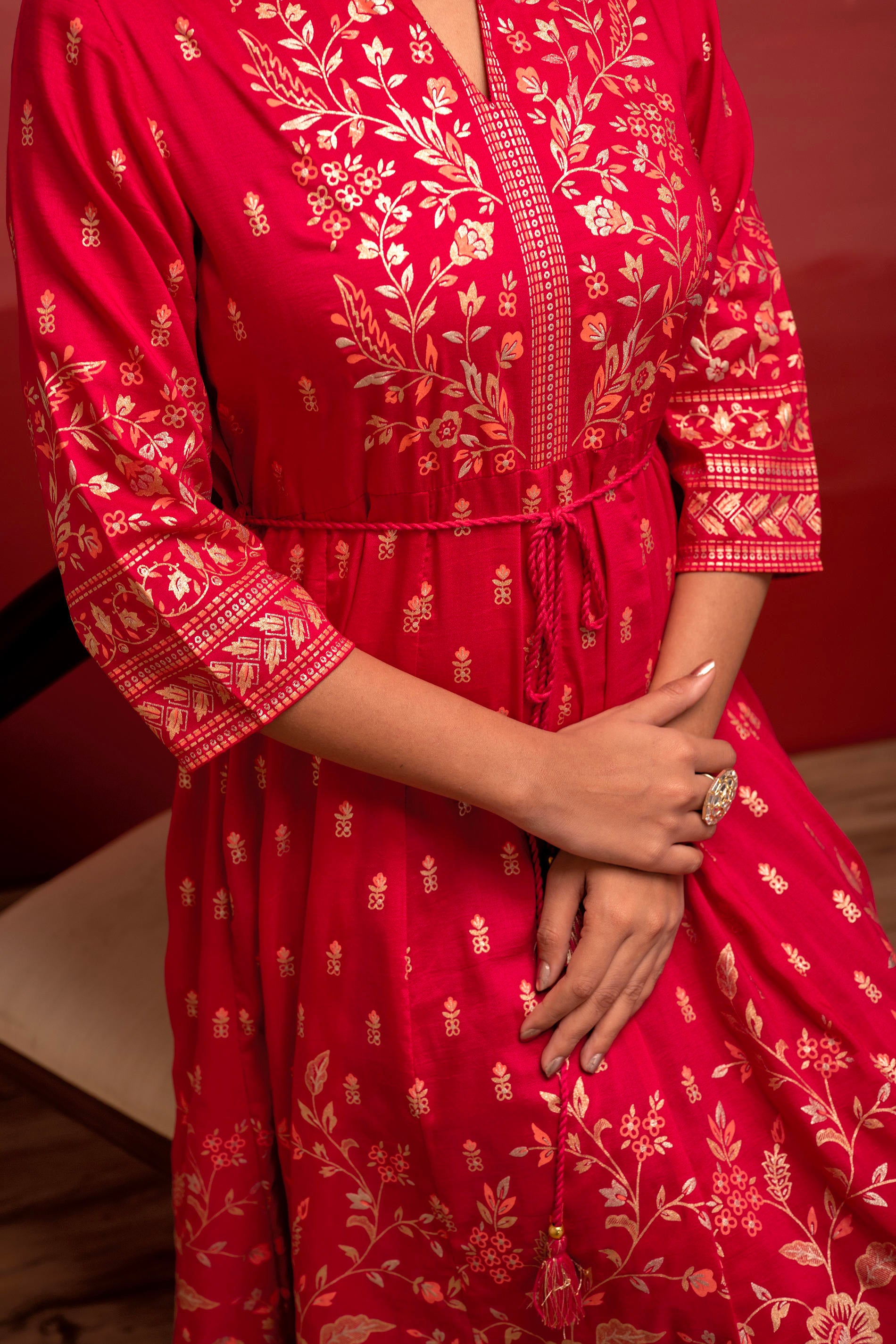 Fuchsia Floral Foil Printed Anarkali Long Dress