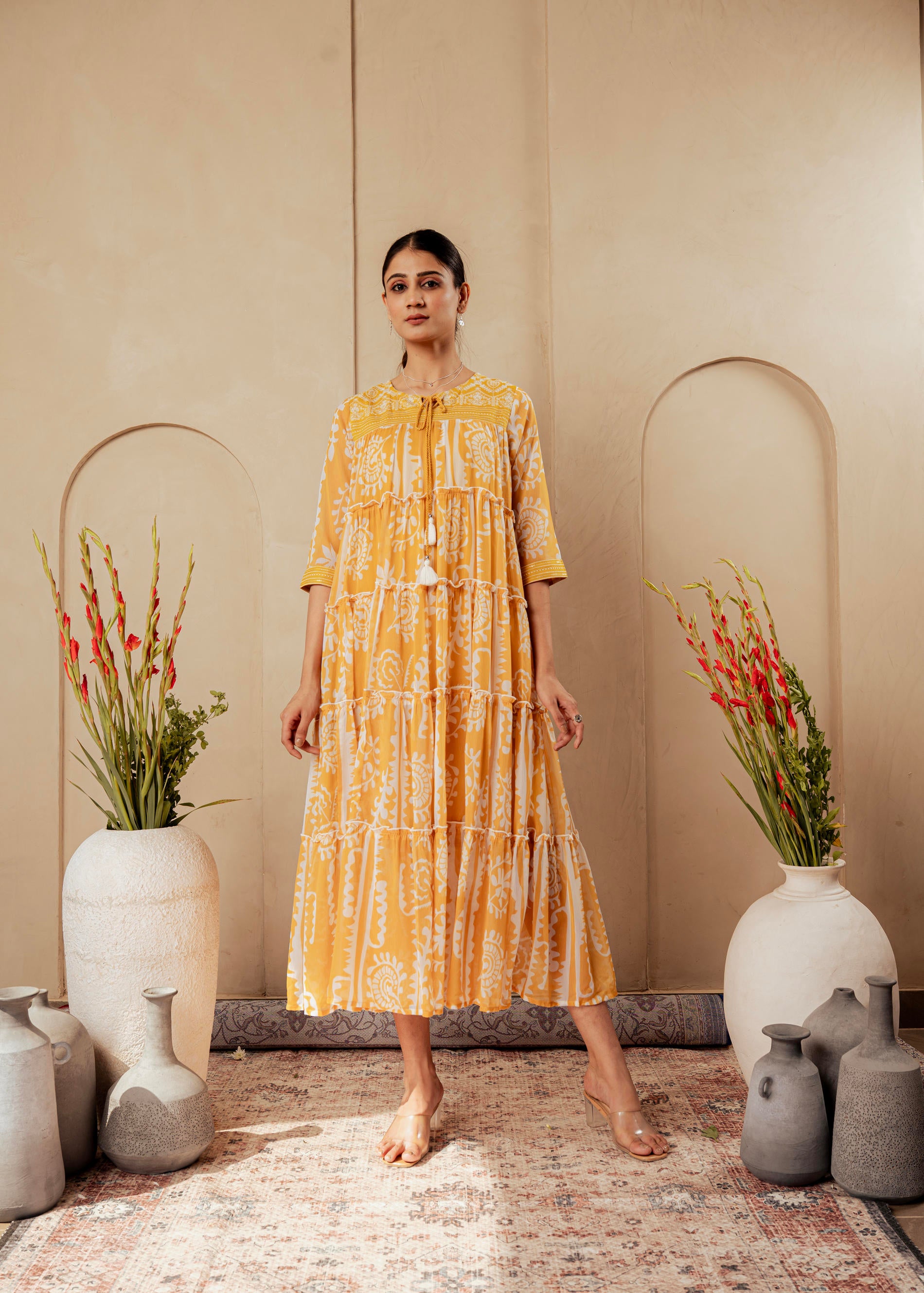 Mustard Ethnic Motifs Printed Man Made Fiber Tiered Long Dress