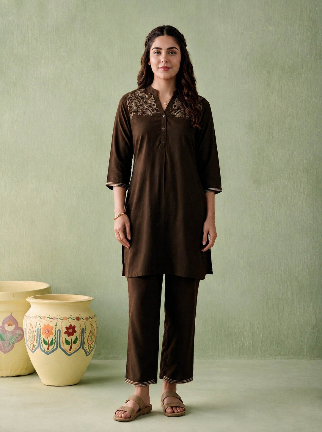 Brown Solid Viscose Tunic and Pants Co-ord Set with Thread Work and Button Detailing