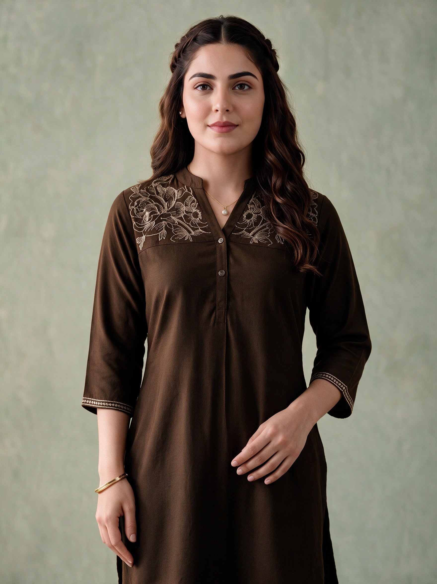 Brown Solid Viscose Tunic and Pants Co-ord Set with Thread Work and Button Detailing