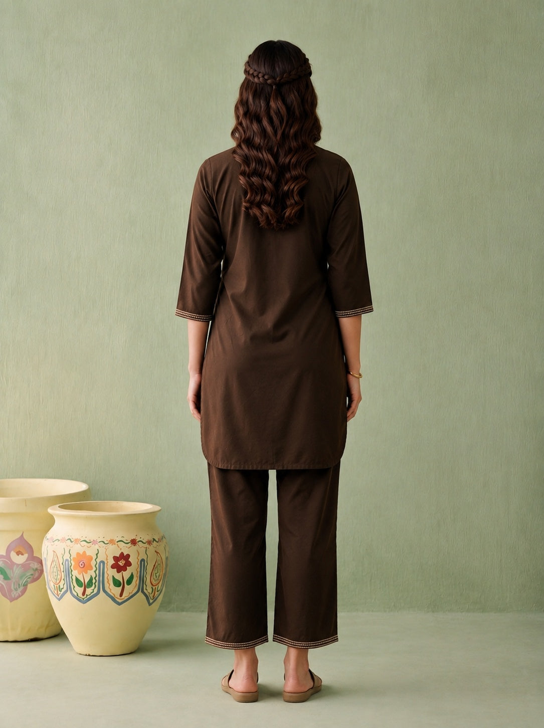 Brown Solid Viscose Tunic and Pants Co-ord Set with Thread Work and Button Detailing