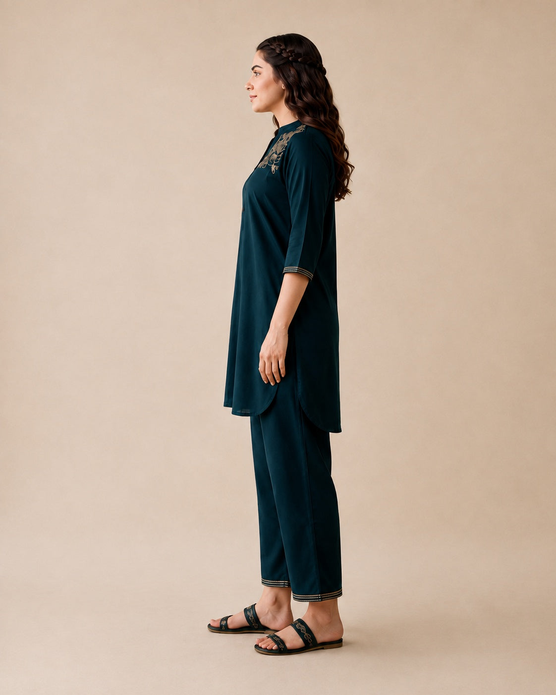 Jadegreen Solid Viscose Tunic and Pants Co-ord Set with Thread Work and Button Detailing