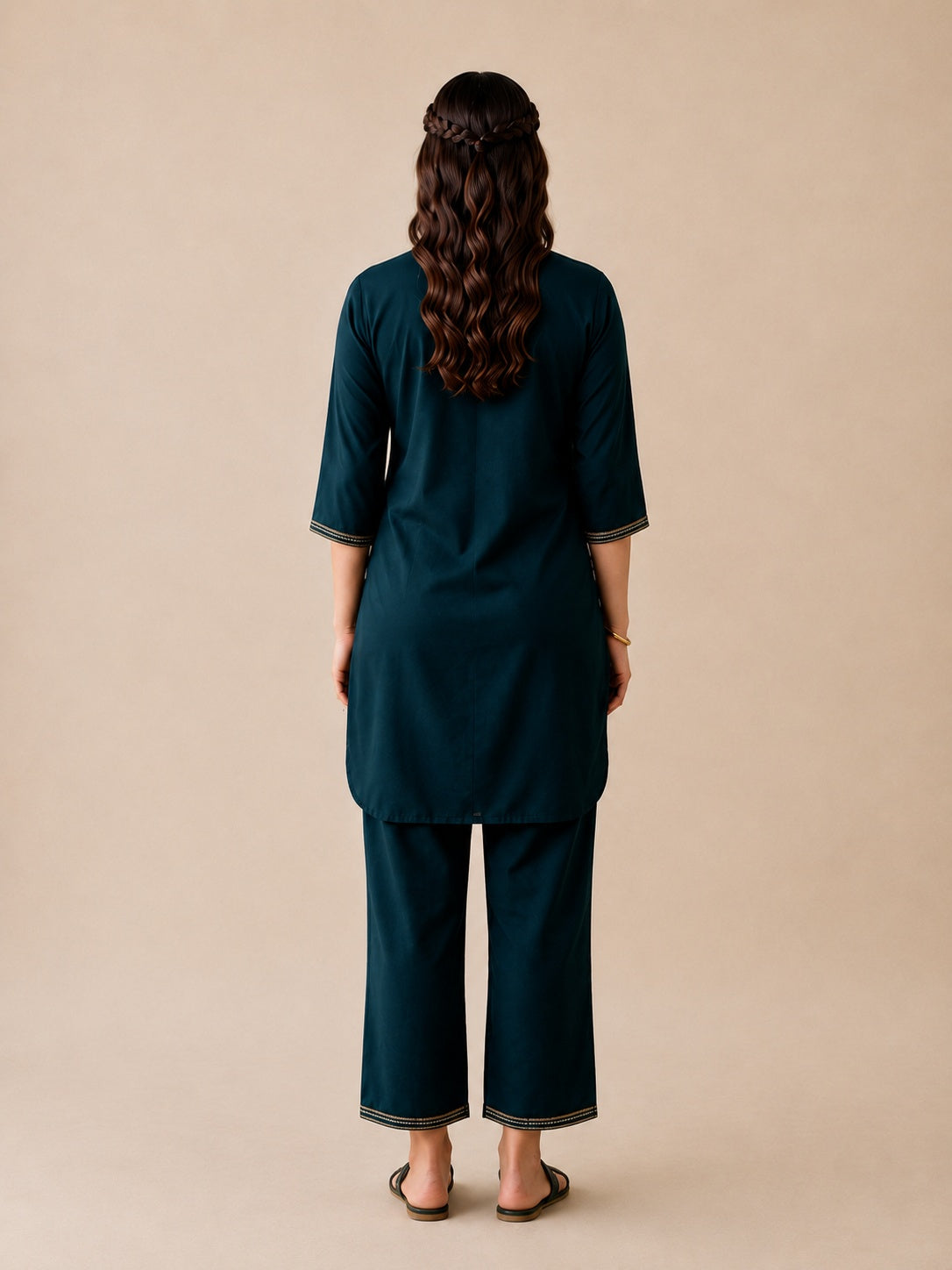 Jadegreen Solid Viscose Tunic and Pants Co-ord Set with Thread Work and Button Detailing