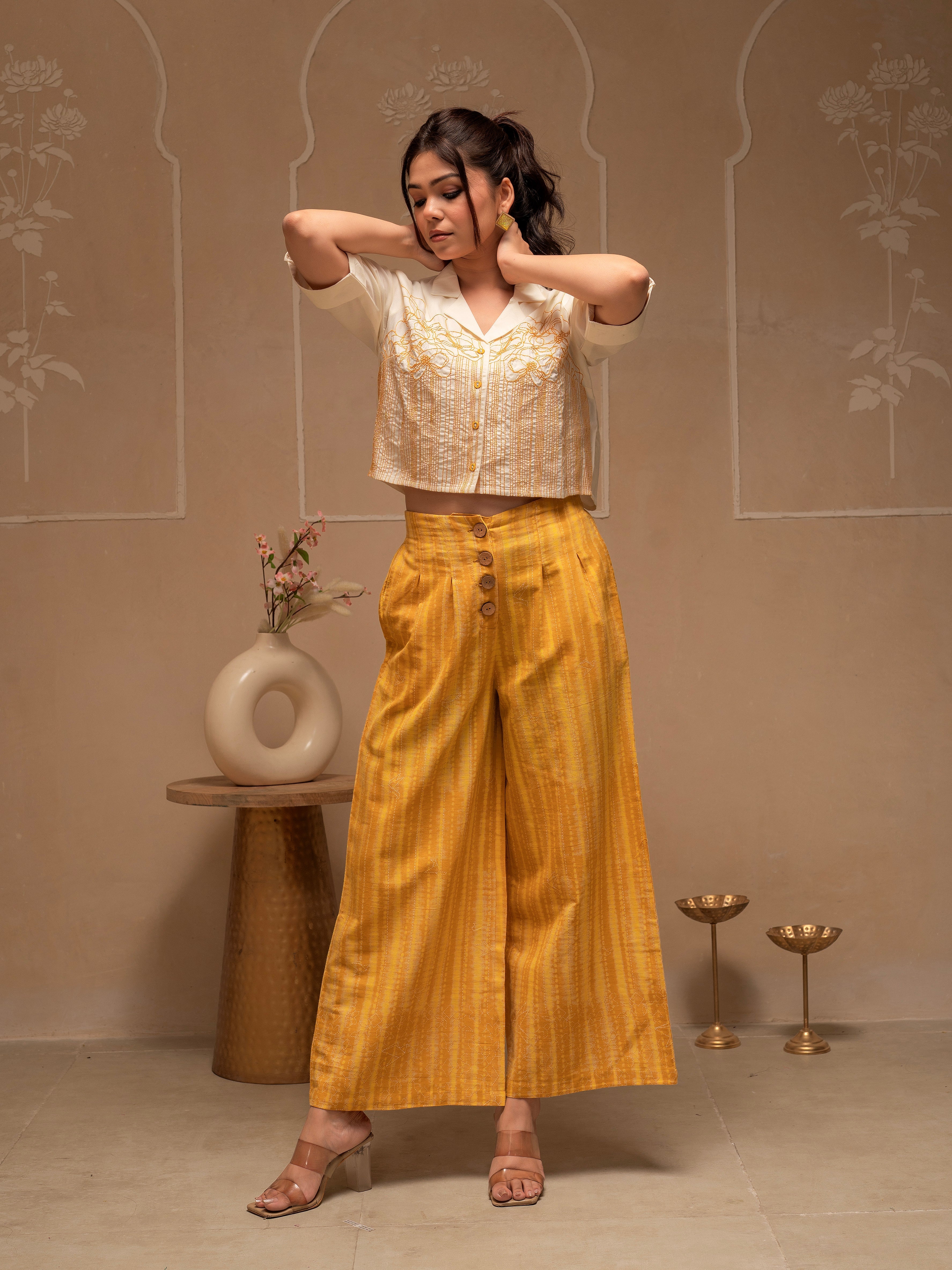Off White Mustard Solid Viscose Top and Printed Cotton Pants Co-ord Set with Thread Work and Buttons