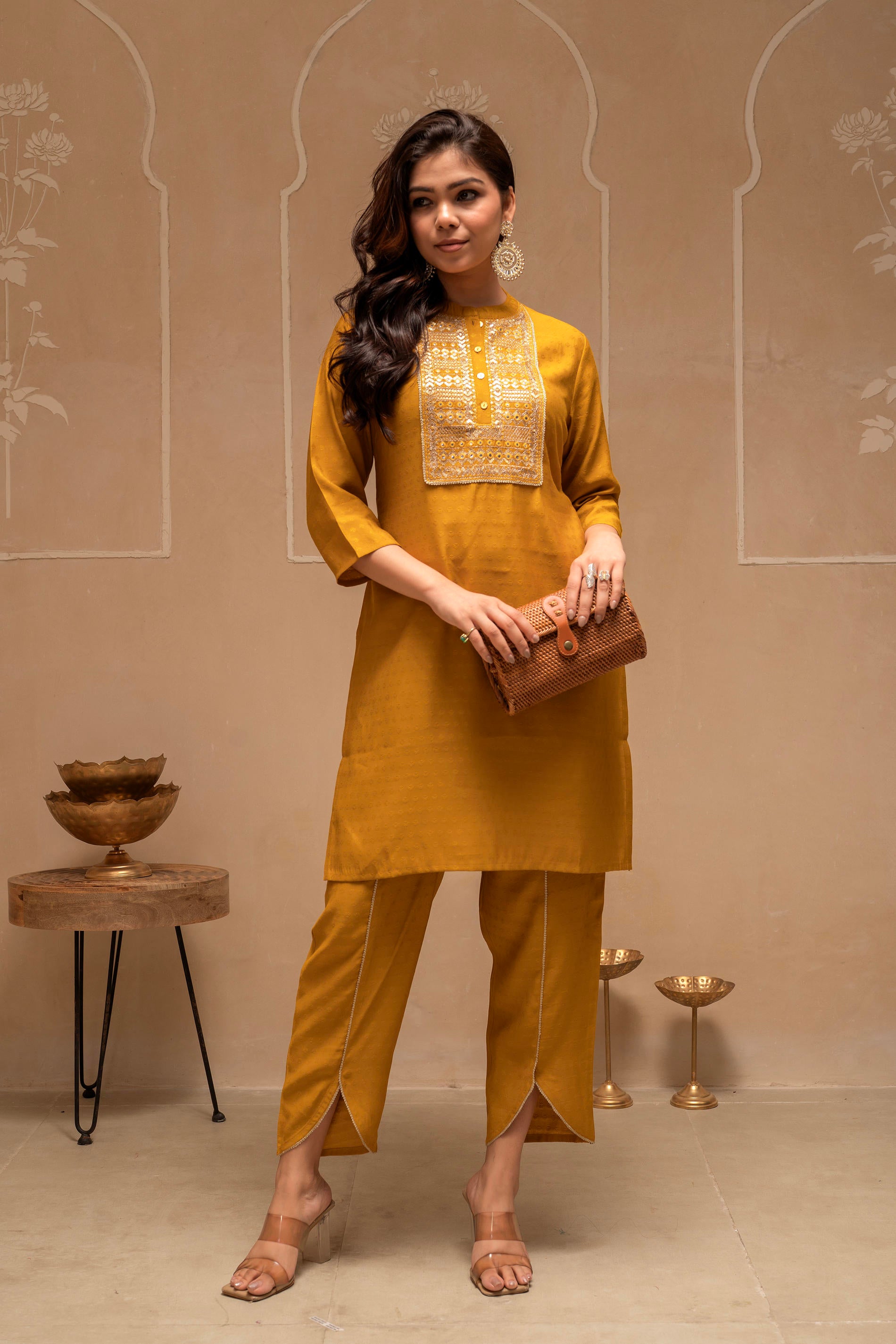 Mustard Solid Viscose Tunic and Pant Co-ord Set with Mirror, Thread Work, Button & Sequence