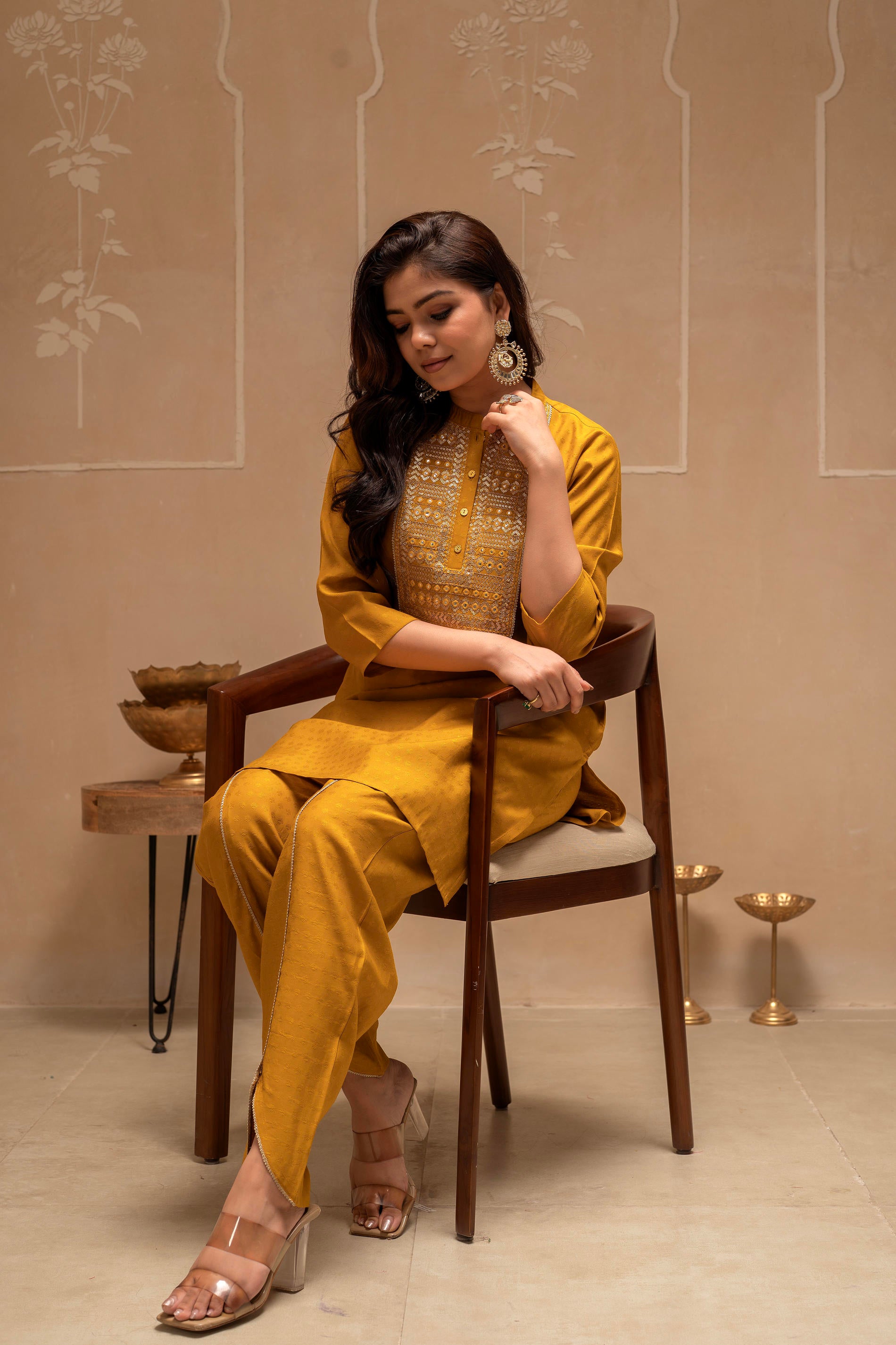 Mustard Solid Viscose Tunic and Pant Co-ord Set with Mirror, Thread Work, Button & Sequence
