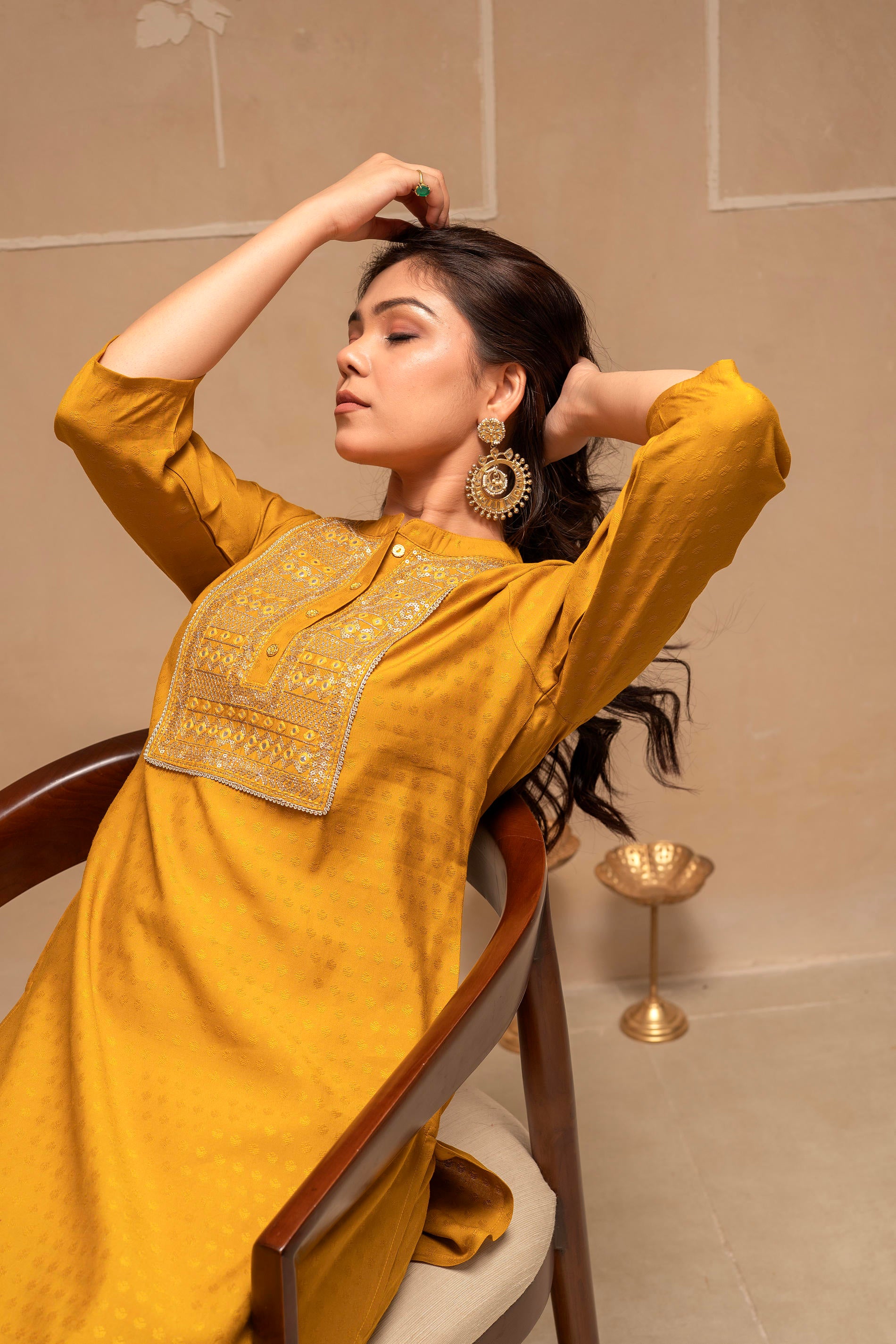Mustard Solid Viscose Tunic and Pant Co-ord Set with Mirror, Thread Work, Button & Sequence