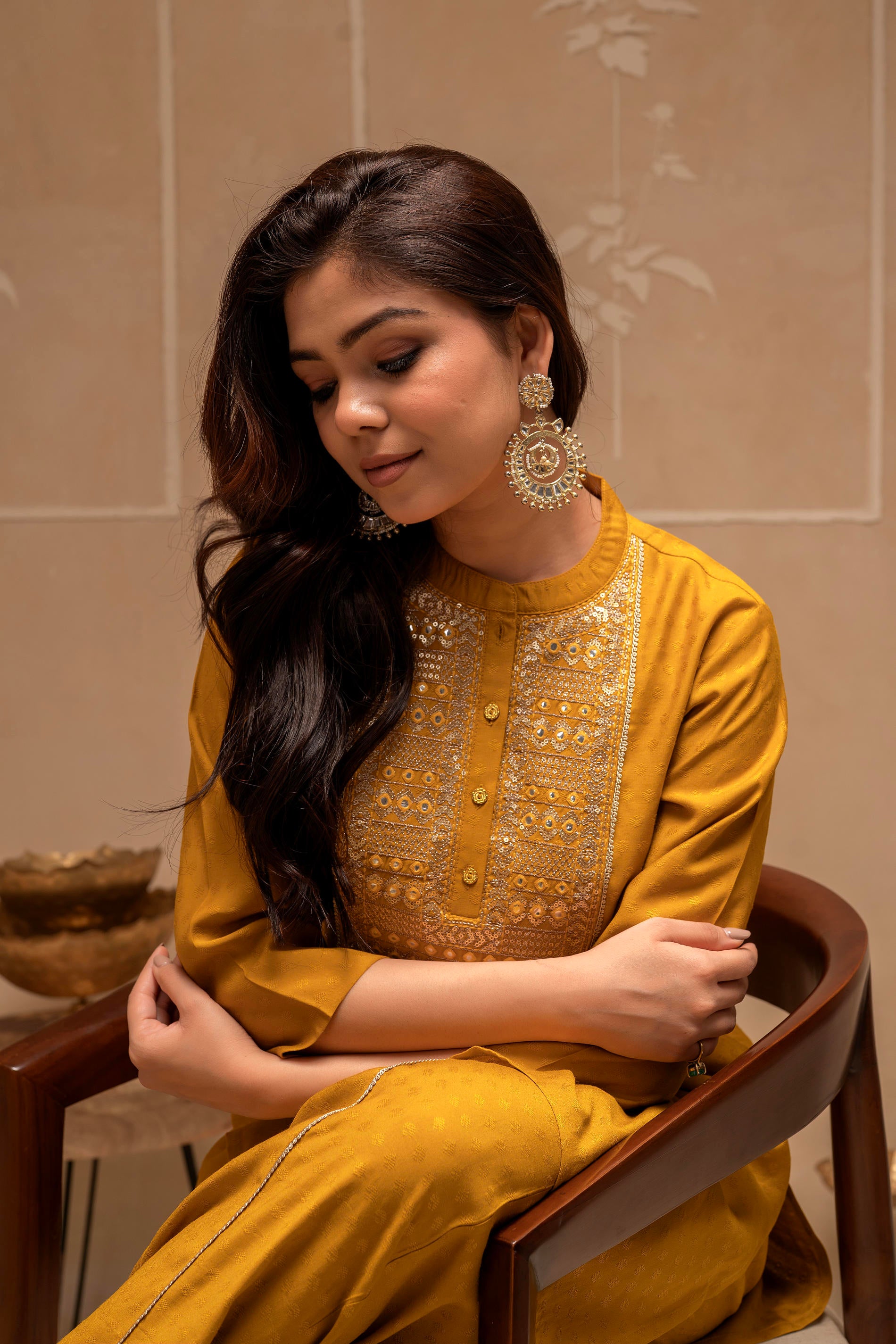 Mustard Solid Viscose Tunic and Pant Co-ord Set with Mirror, Thread Work, Button & Sequence