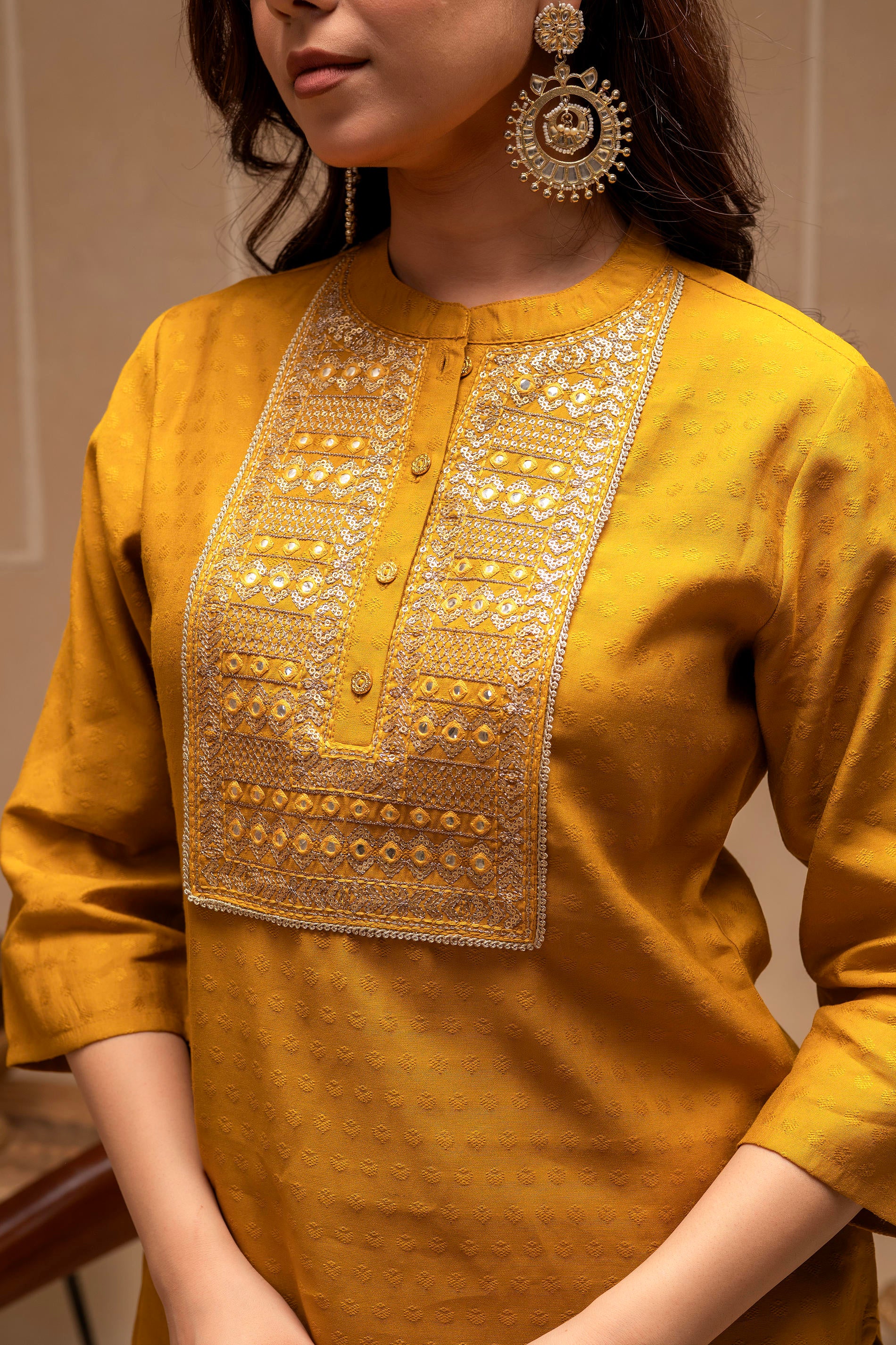 Mustard Solid Viscose Tunic and Pant Co-ord Set with Mirror, Thread Work, Button & Sequence