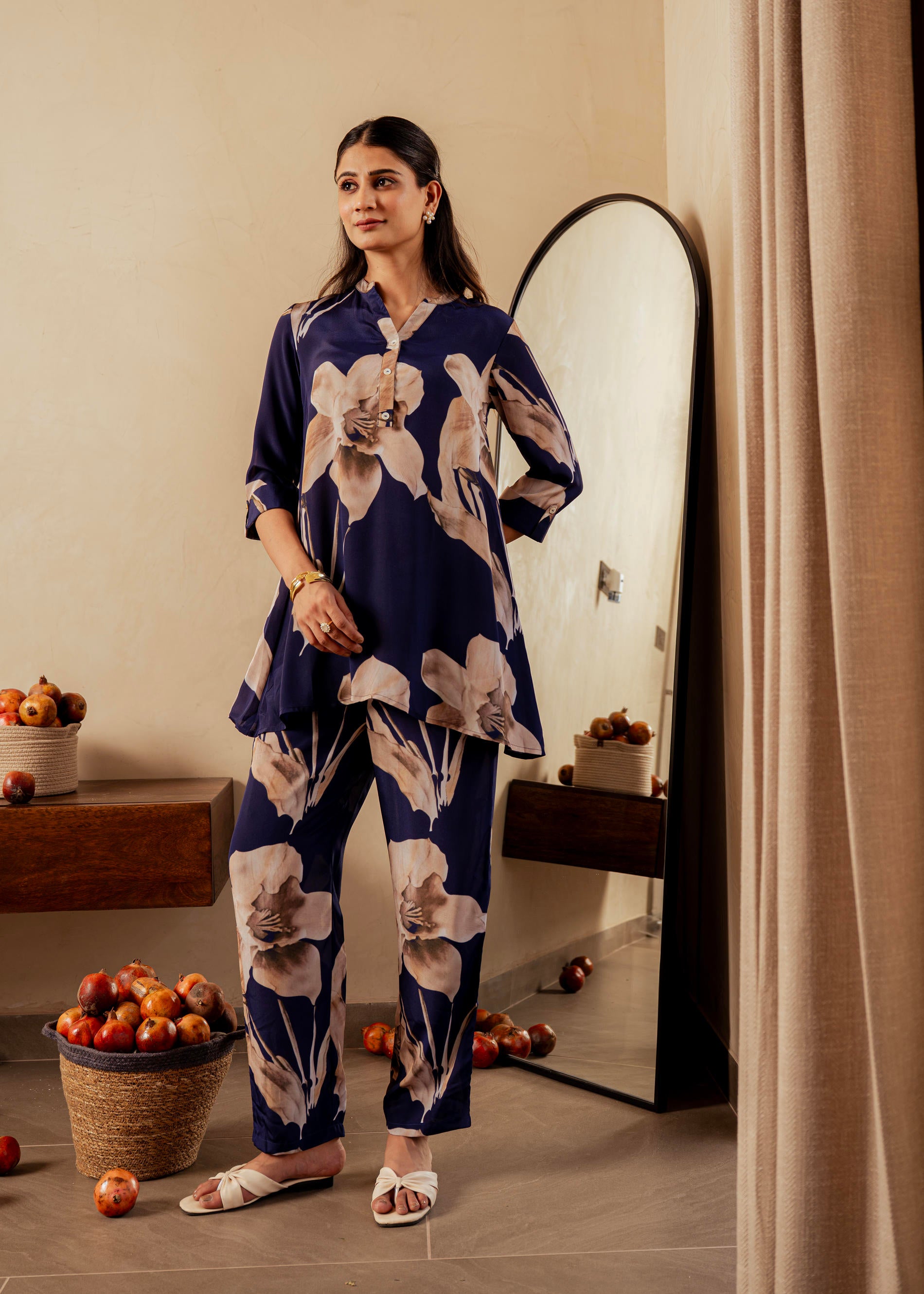 Navy Floral Printed Poly Tunic and Solid Pants Co-ord Set with Button Detailing