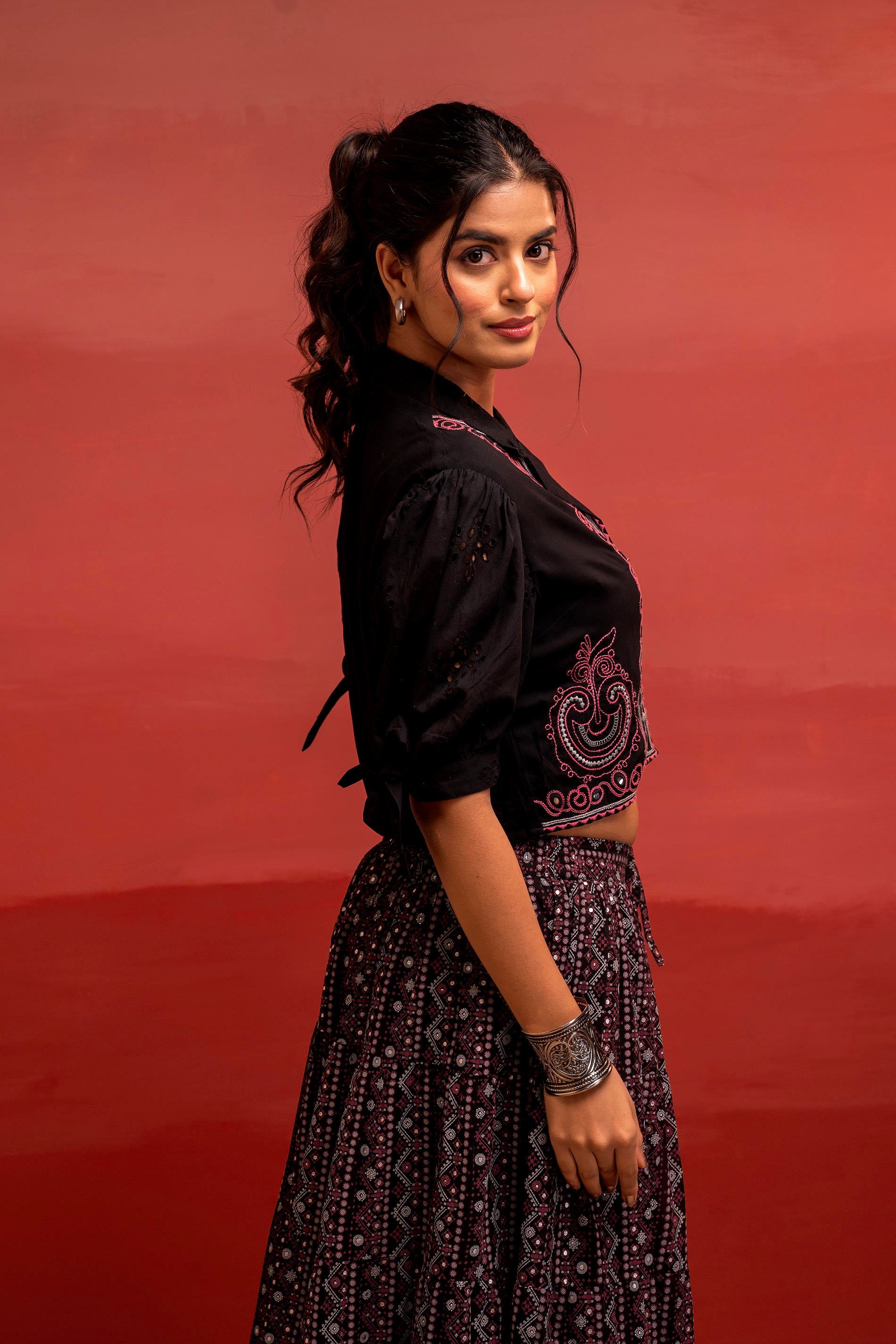 Black Embroidered Crop Top and Flared Skirt Set with Mirror Work Detailing