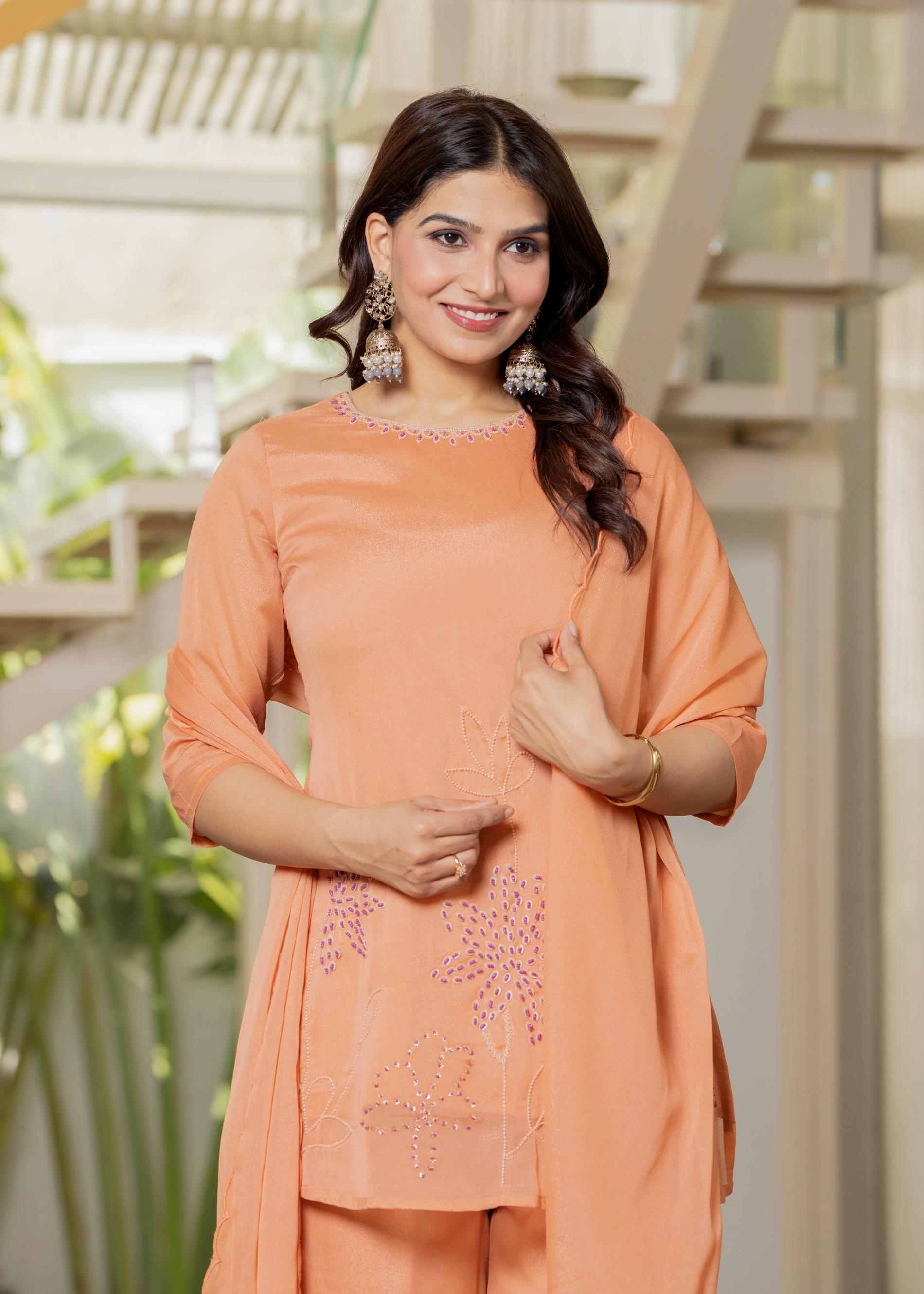 Peach Solid Man Made Fiber Kurta Pant Dupatta Set with Beads and Telesales Work